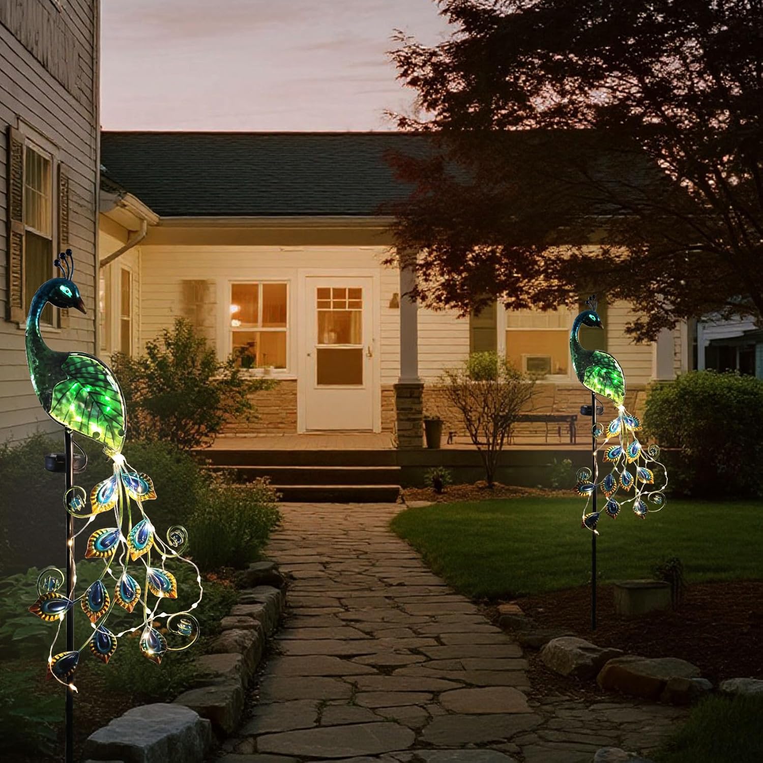 Solar Peacock Garden Stake Lights Outdoor, Waterproof Metal Glass Decorative Landscape Path Lights with Thick Stake Glow in The Dark Eye for Pathway Patio Lawn Yard