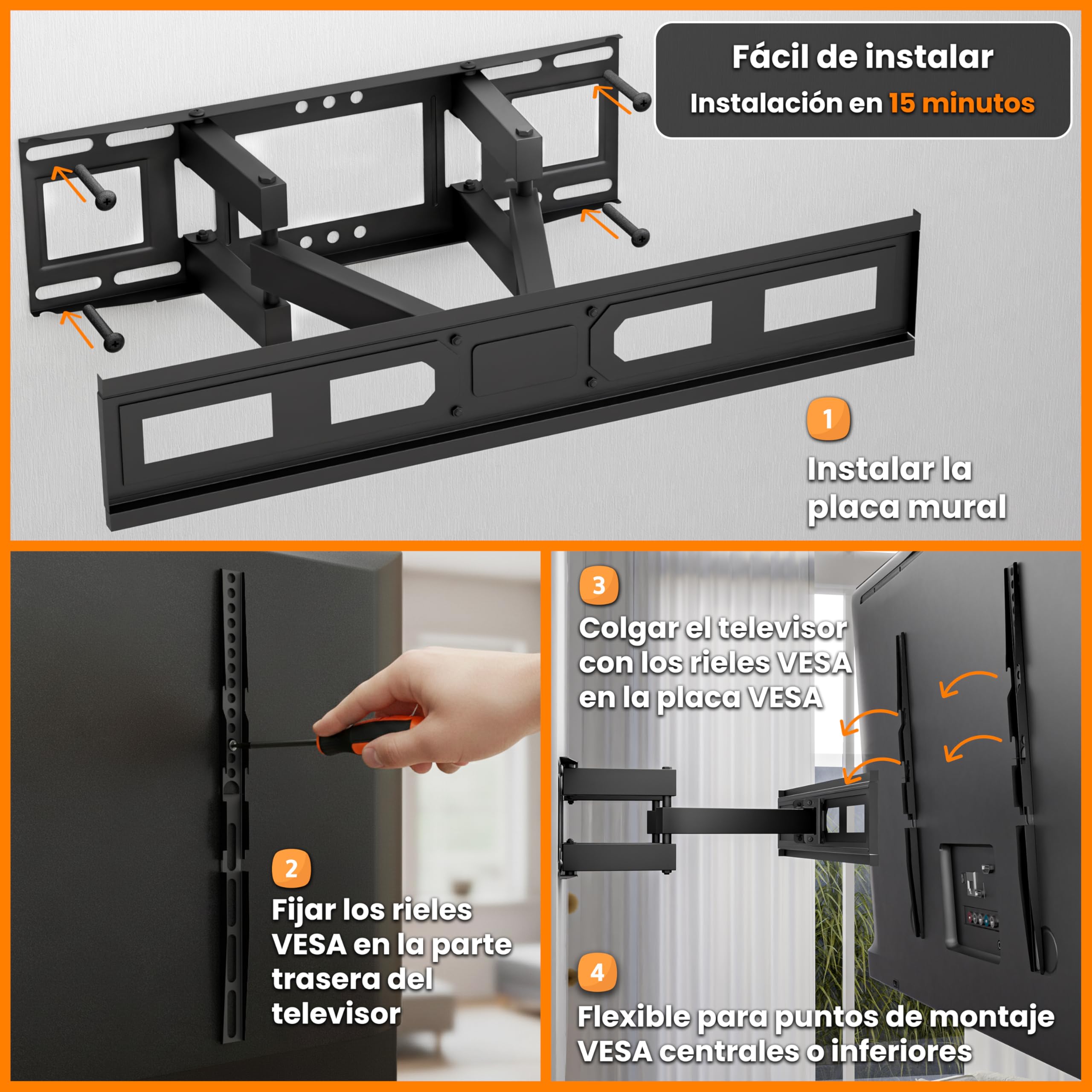 Easylife Soporte de TV de Pared FlexMount E80 Dual 37–80'', Doble Brazo, Inclinable y Giratorio, VESA 600x400, hasta 40KG, Plano Articulado para Televisor Pared con Gestión de Cables
