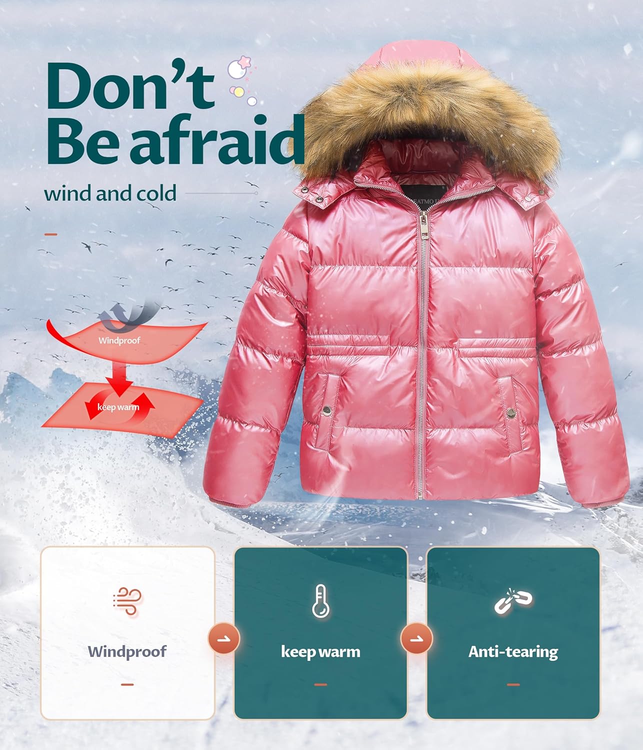 CREATMO US Girl's Kids Metallic Shiny Jacket with Detachable Fur Collar Warmth Winter Outerwear - Image 6