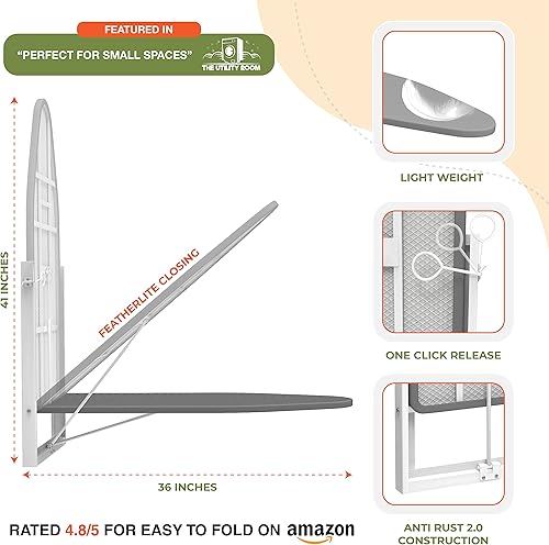 Miniatura 4 de Xabitat Tabla de planchar para montar en la pared, 36.2 x 12.2 pulgadas, tabla de hierro plegable de montaje compacto para espacios pequeños, ahorro