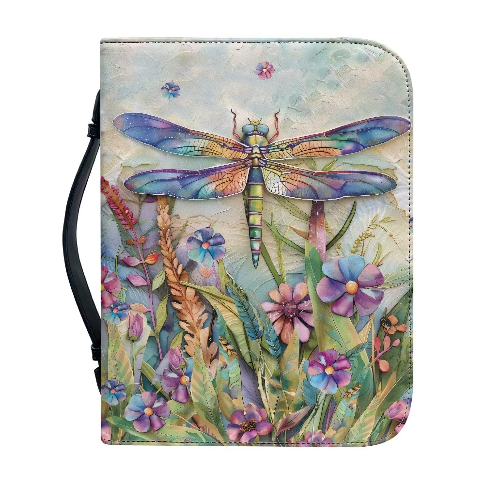 Talayituse Dragonfly Daisy Print Faux Leather Bible Cover for Men Women Lightweight Christian Bible Case with Handle Waterproof Book Carrying Case Bible Protector Bible Tote Bag Handbag, Size XL