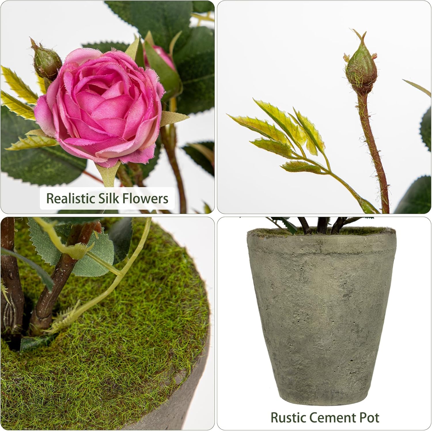 Hollyone Artificial Flower Plants Camellia Pink Roses Faux Potted Plant with Cement Pot Fake Silk Flower Rose Camellias Flower Arrangement Office Home Decor Bathroom Shelf Desk Decoration 15 Inch - Image 3