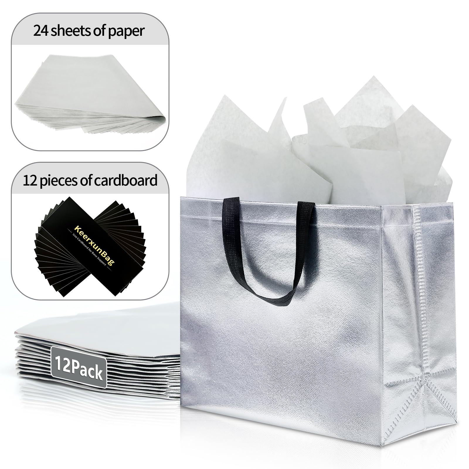 KeerxunBag 12Pcs Reusable Gift Bags（Includes Tissue Paper） Gift bag with handle Birthdays Parties Holidays Weddings Medium 13x5x11in Silver Gift Bags
