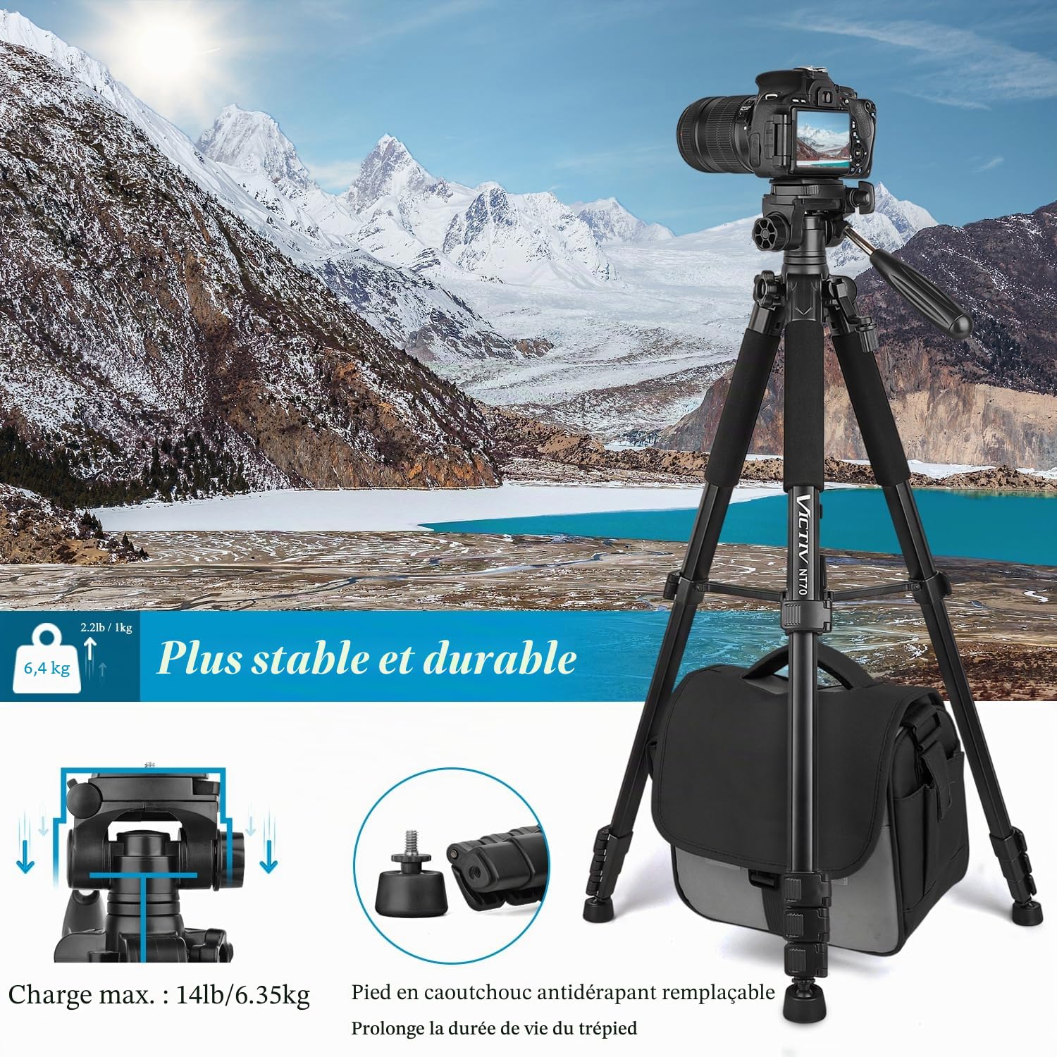 Trépied Appareil Photo pour Smartphone, Victiv 185cm Trépied Caméra en Alliage Aluminium Léger, avec tête pan Amovible à 3 Voies, Trepieds Photo Compatible DSLR Nikon Canon Camera (Nouveau Améliorer)