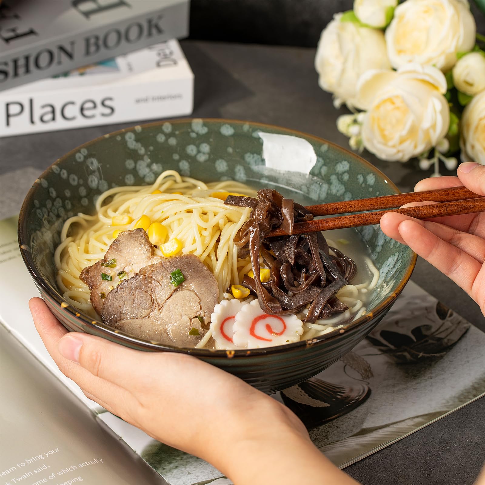 TuYines Ceramic Ramen Bowl, Ramen Bowl Set, Japanese Ramen Bowl with Spoon & Chopsticks, 1200 ml Soup Bowls, SaladBowl (Style E) - Image 4