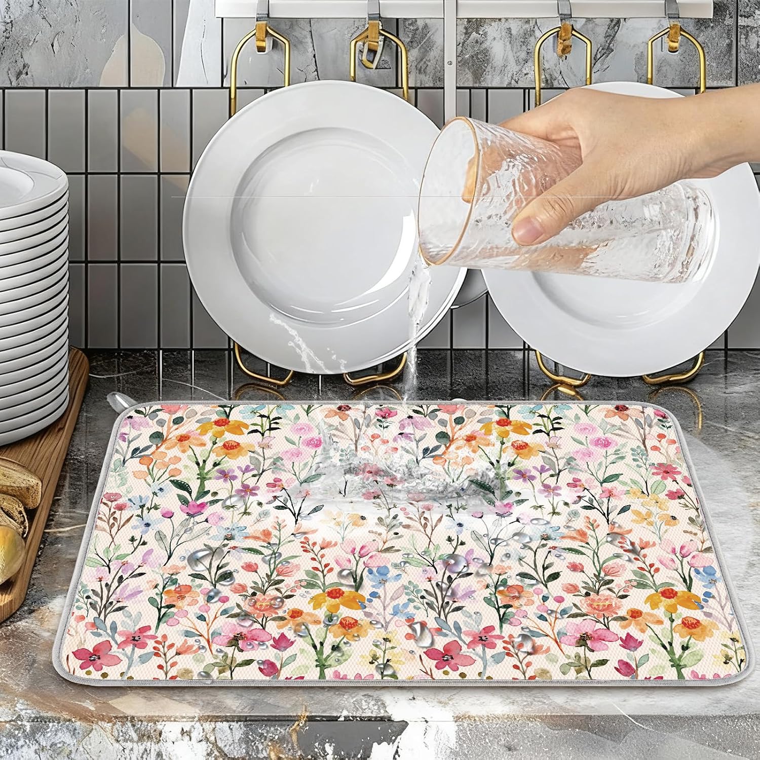 AnyDesign Flower Dish Drying Mat Watercolor Wildflower Floral Absorbent Dish Drainer Protector Pad for Spring Kitchen Countertop Tableware Decor, 18 x 24 Inch