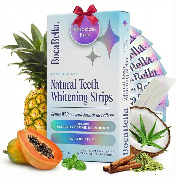BocaBella Natural Teeth Whitening Strips - 100% Sensitivity-Free, Whitens 8 Shades in 14 Days, Peroxide-Free, Enamel-Safe, Papaya & Pineapple Enzymes, Aloe & Coconut Oil, 14 Treatments (28 Strips)