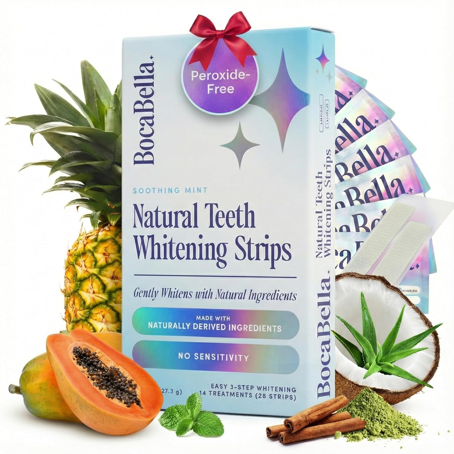 Teeth Whitening Strips for Sensitive Teeth Natural Peroxide-Free Enamel-Safe Clinically Tested Papaya Pineapple Enzymes Aloe Coconut Oil 14