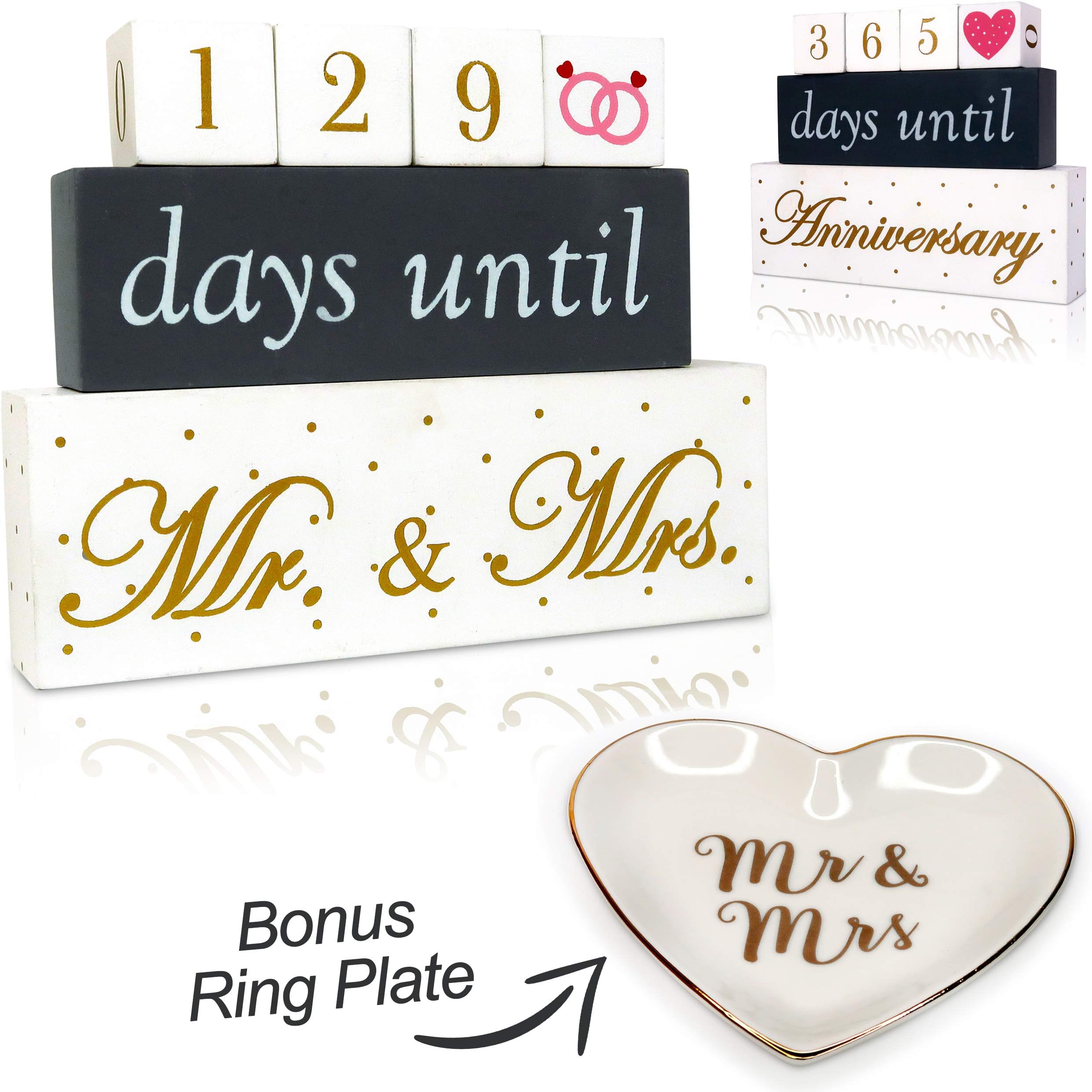 Happy Occasion's Wooden Blocks Wedding Countdown Calendar with Ring Plate. Perfect for Engagement Gifts or Wedding Gifts for the Couple