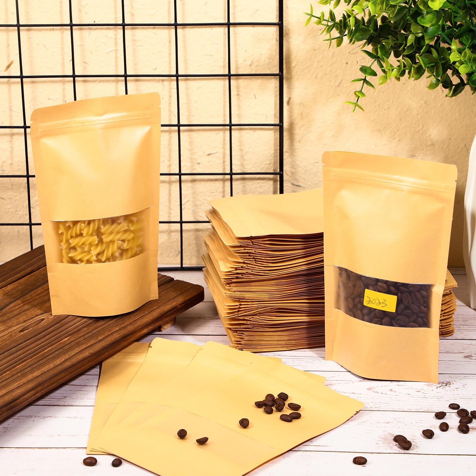 Ctosree 300 bolsas de papel kraft con ventana a granel, bolsa de papel kraft con cremallera de pie, bolsa de papel kraft con cremallera para almacenamiento de alimentos, bolsas reutilizables sellables