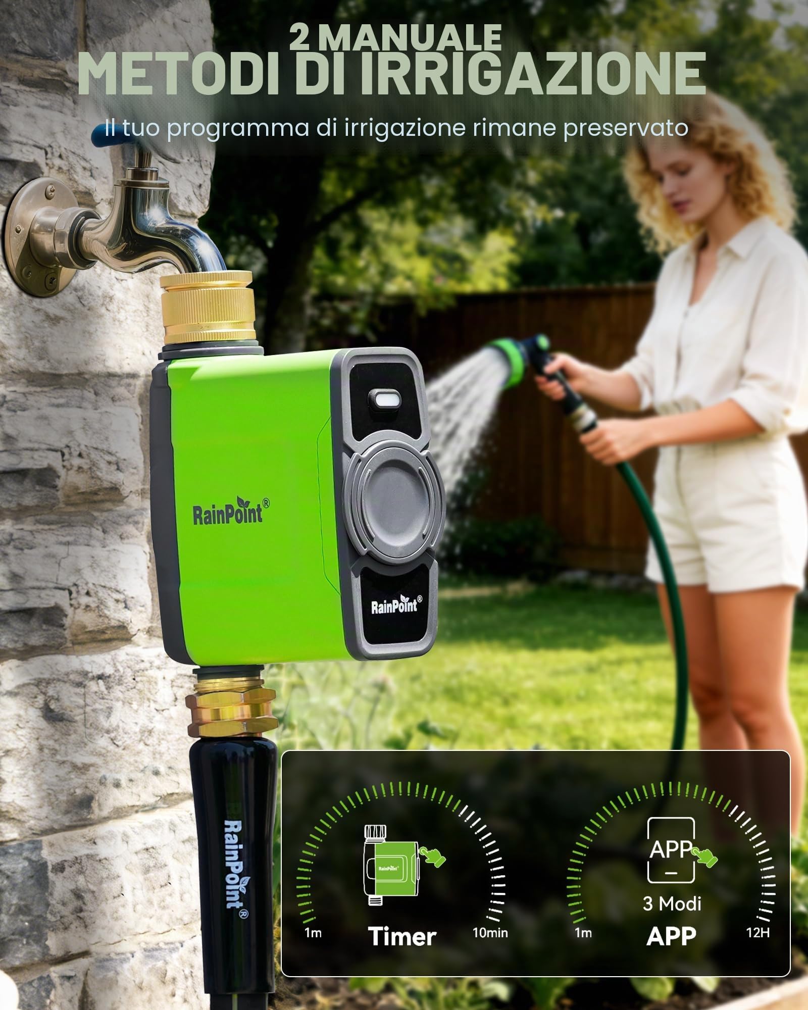 RAINPOINT Centralina Irrigazione WiFi con Ingresso e Uscita in Ottone, Intelligente Timer Irrigazione con Gateway dell'antenna, APP/Vocale Controllo, Ritardo per Pioggia/Manuale, per Prato Giardino