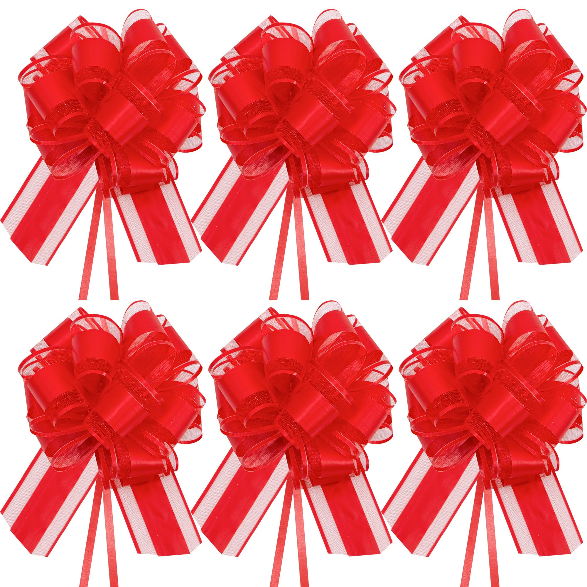 Time to Sparkle 6PCS Organza Pull Bows 17cm*22cm Gift Wrapping Bows Present with Ribbon Pull String for Christmas Baskets,Party Present,Holiday - Red