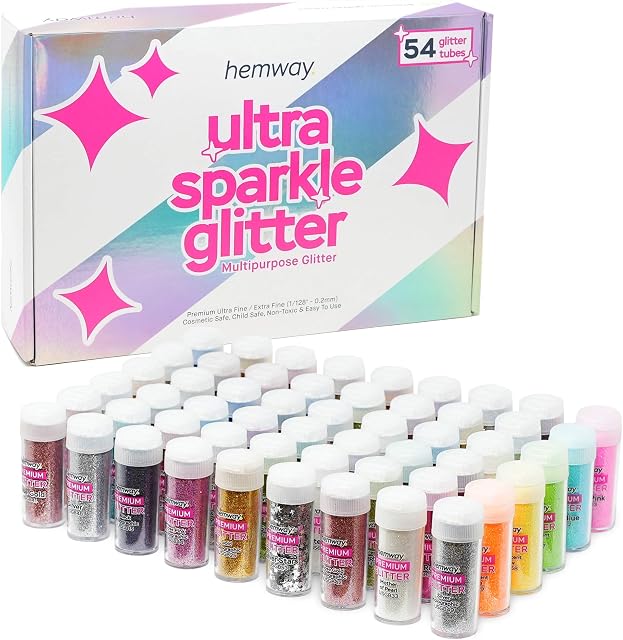 Hemway 54 Premium Ultra Sparkle Glitter Tube Box Multi Purpose Powder Makeup Cosmetic Face Eye Body Nails Skin Hair Epoxy Resin Arts & Crafts Decoration - (54 x 0.34oz/9.6g)