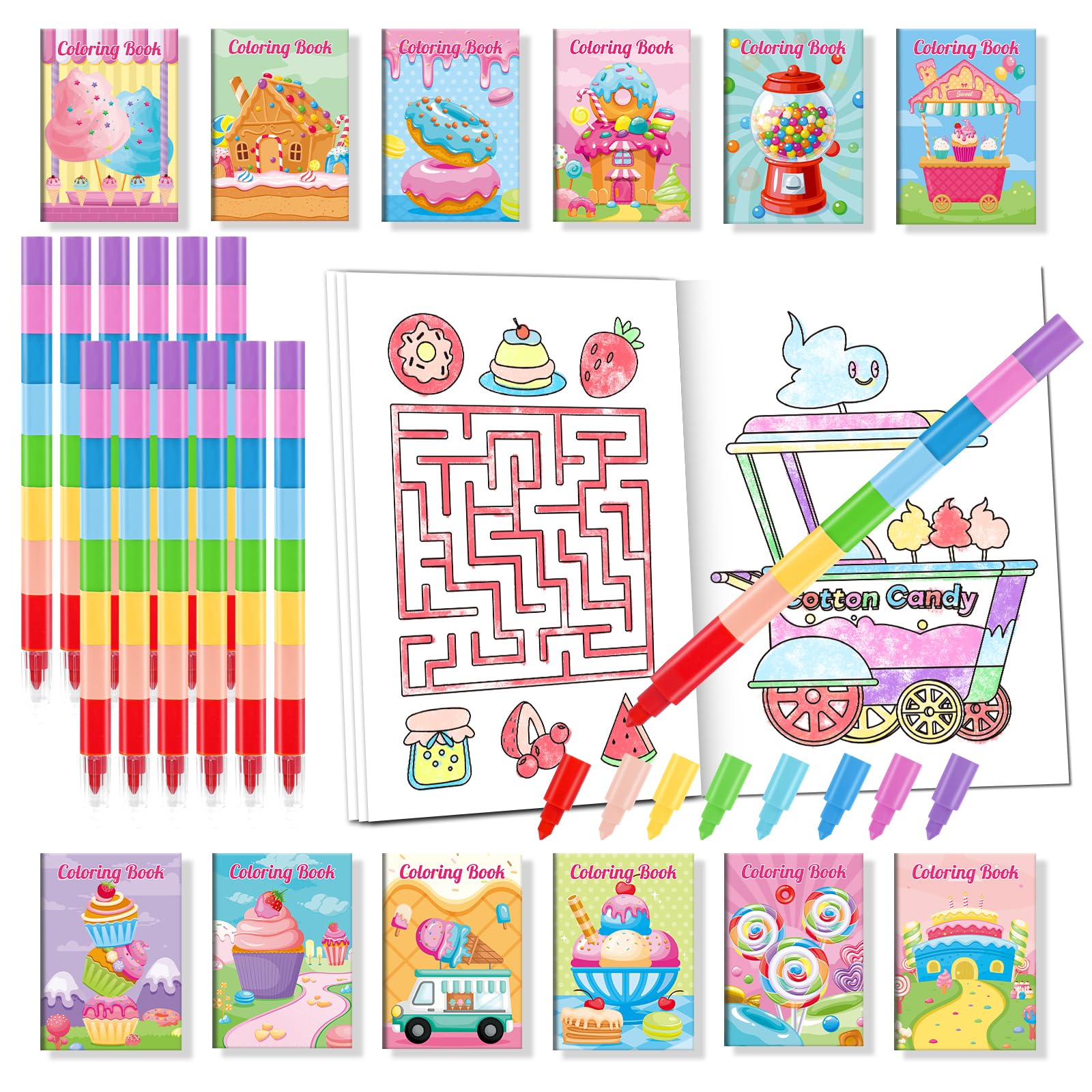 BenLouis 24 Sweet Mini Coloring Books Kids with 24 Stacking Crayons Candyland Donut Party Favors Activity Books Bulk for Kids Ice Cream Birthday