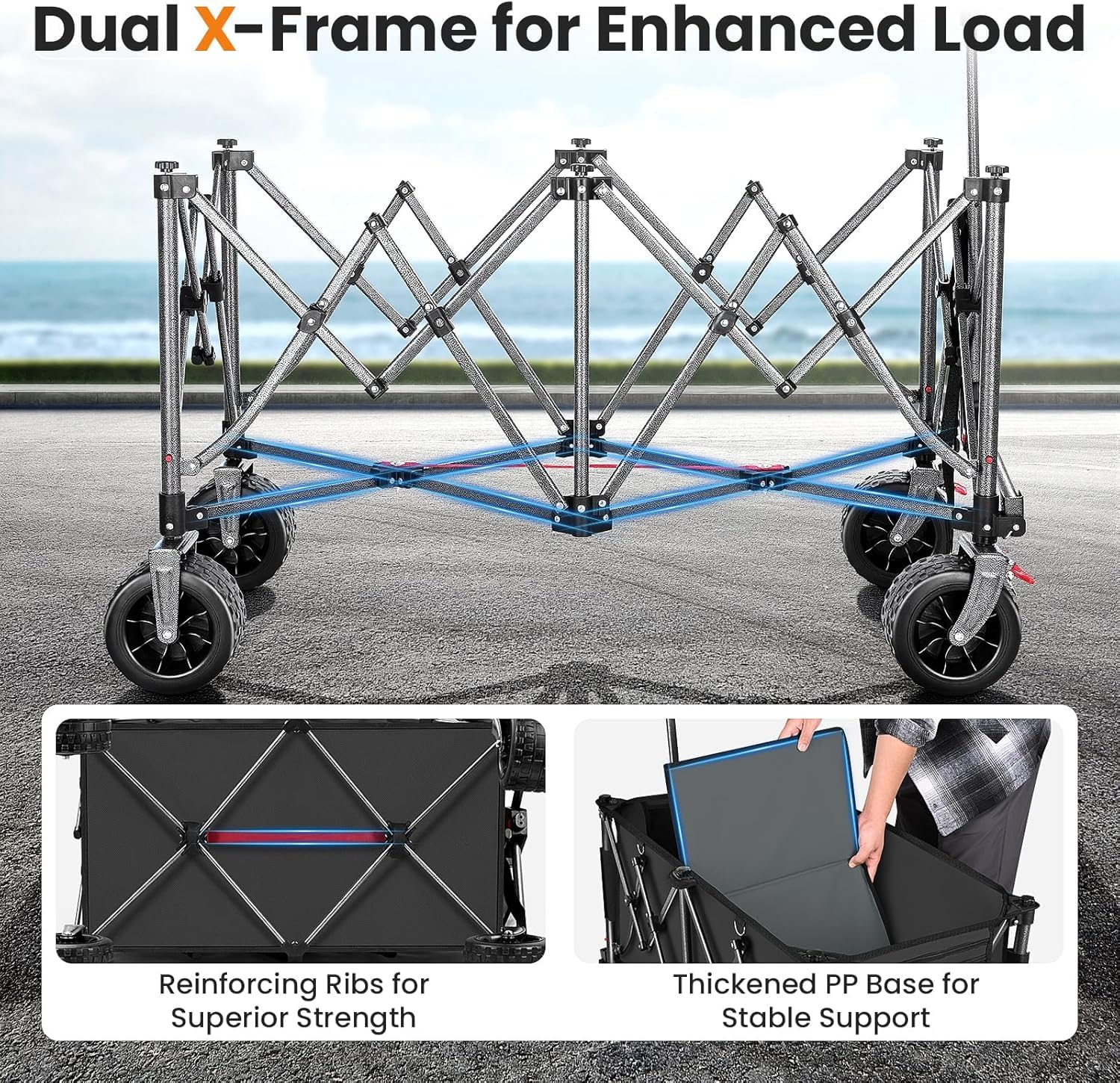 YEAUPE PRO Carrello pieghevole in 4 direzioni con apertura laterale, portata 185 l, 150 kg, pieghevole, con freno di stazionamento e manico regolabile in altezza, per spiaggia, campeggio, giardino