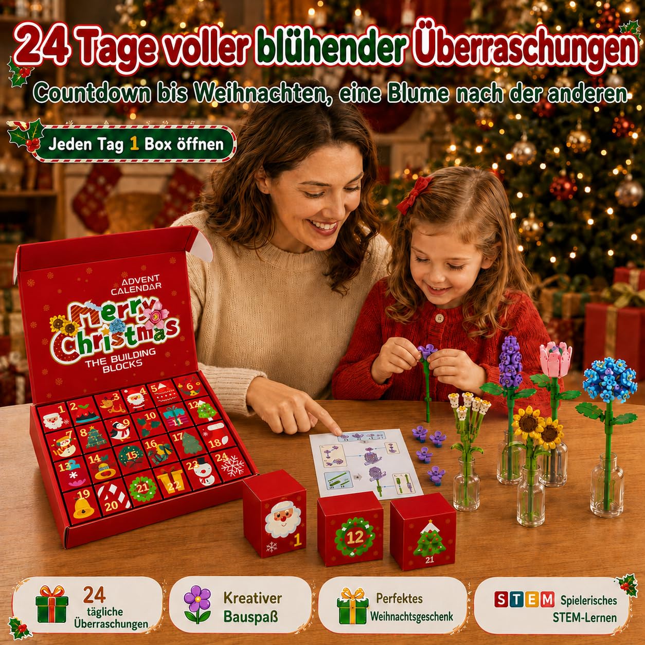 Calendrier de l'Avent 2025 Building Blocks Fleurs 24 jours Calendrier de l'Avent 24 jours – Blocs de construction Fleurs 24 Surprise (Fleurs)