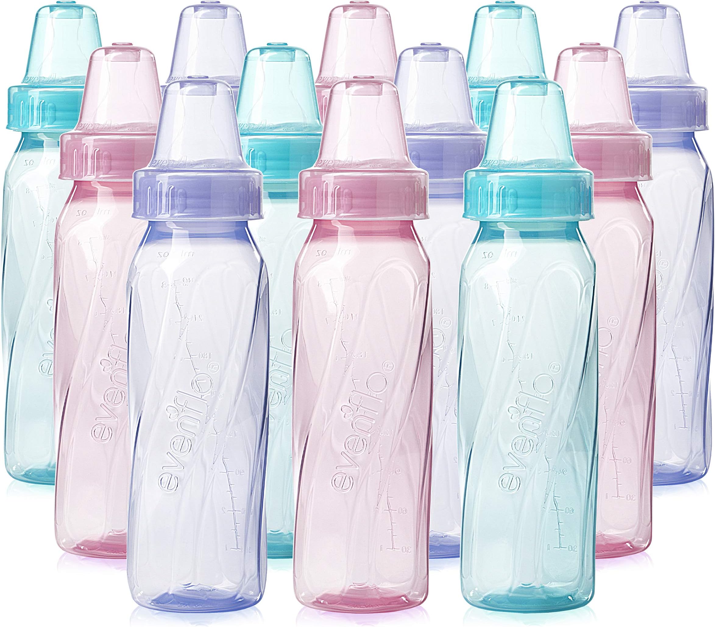 Evenflo Feeding Classic Tinted Plastic Standard Neck Bottles for Baby, Infant and Newborn, Pink/Lavender/Teal, 8 Oz, 12 Bottles