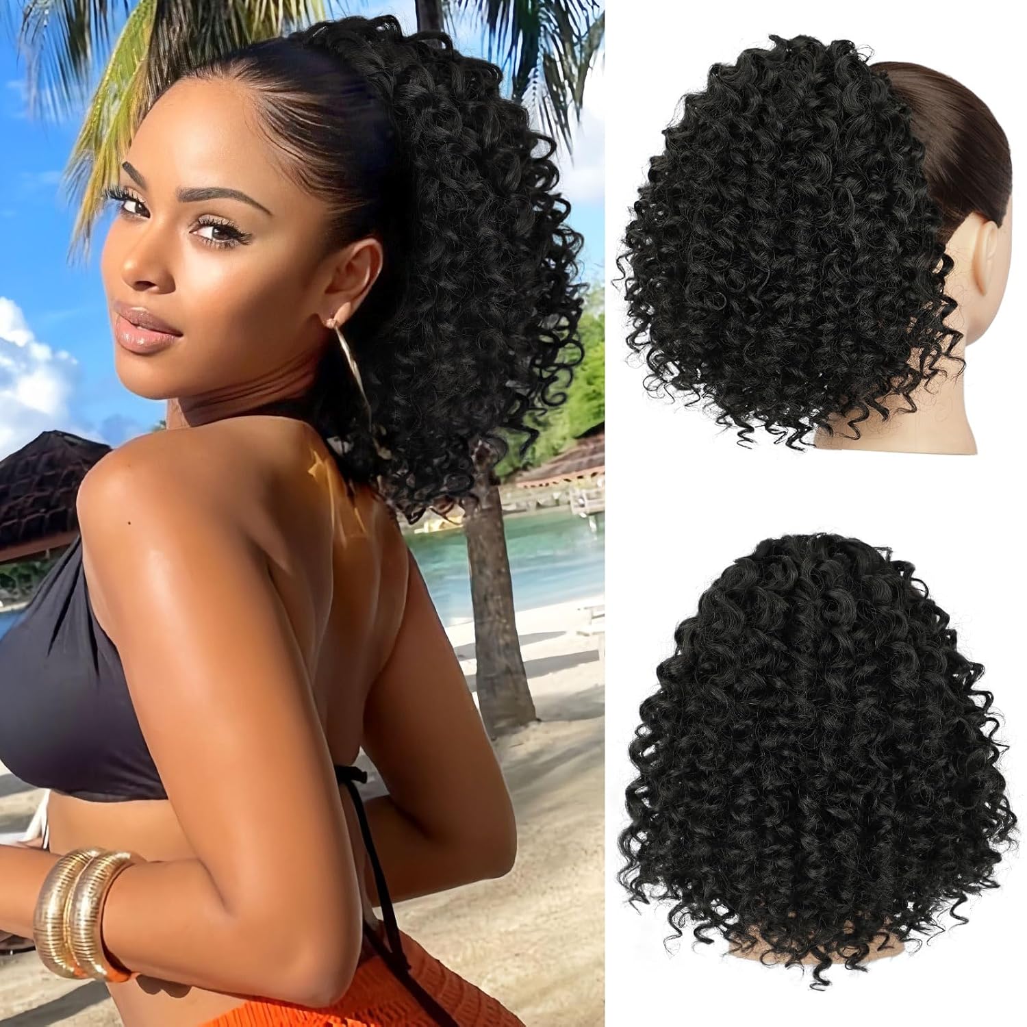 Lommel Drawstring Ponytail for Black Women,10 Inch Ponytail Extension for Black Women Curly Pony Tails Hair Extensions for Girls Afro Kinky Curly Hair Pieces for Daily Use(Black) 10 Inch Black