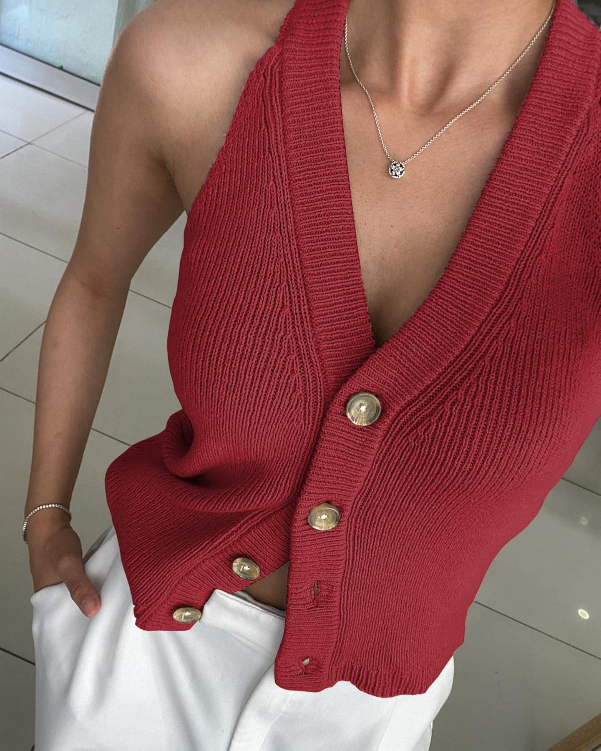 Womens Button-Front Sweater Vest Top V Neck Sleeveless Knit Tank Fitted Halter Raceback Cardigan Vest - Image 5