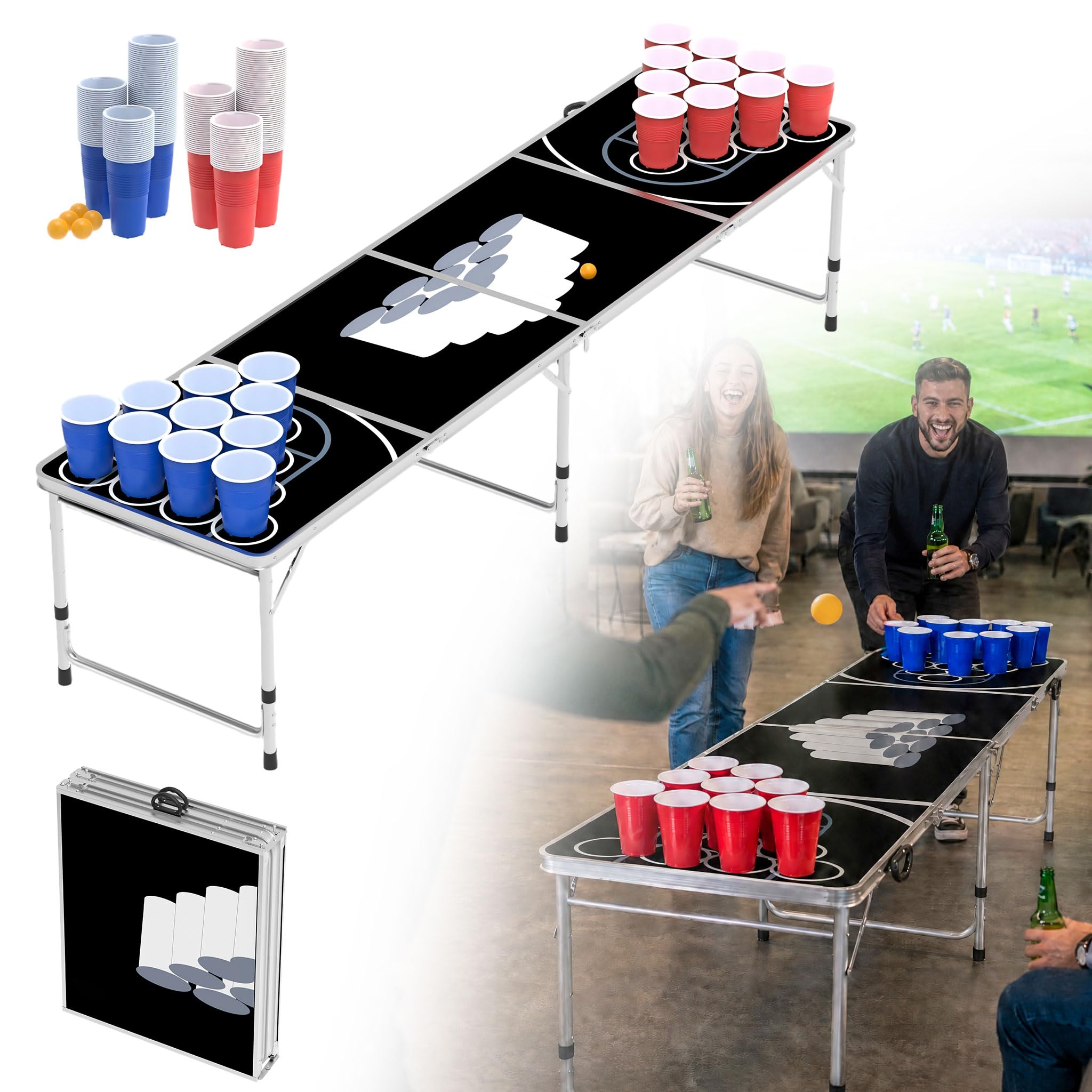 UISEBRT Bierpong Tisch 242cm Klappbar höhenverstellbar Aluminium Rahmen MDF wasserdicht inkl. 100 Becher & 5 Bälle Tragbar Koffer-Design für Party Garten Camping