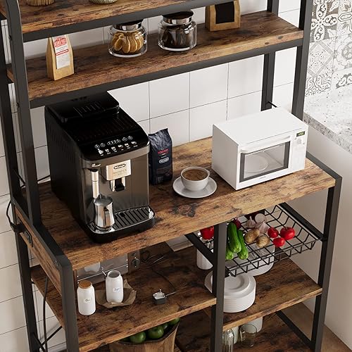 Miniatura 6 de Amyove Estante para panaderos con toma de corriente, barra de café con cajón de alambre, soporte para microondas, mesa de bufé de cocina con
