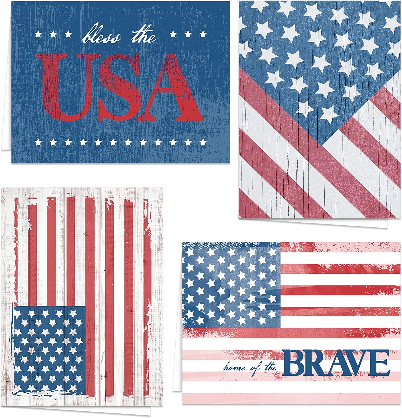Patriotic All Occasion Greeting Cards / 24 American Flag Note Cards With White Envelopes / 4 USA Military Red White Blue Blank Inside Designs / 3 1/2" x 4 7/8" Veteran Cards / Made In The USA