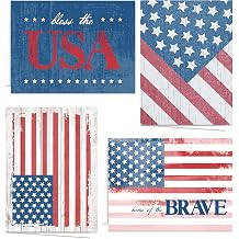 Patriotic All Occasion Greeting Cards / 24 American Flag Note Cards With White Envelopes / 4 USA Military Red White Blue Blank Inside Designs / 3 1/2" x 4 7/8" Veteran Cards / Made In The USA