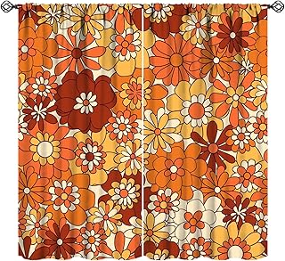Boho Floral Vintage 70s Window Curtains, Hippie Bright Orange Flowers Groovy Blackout Drapes for Kids,Abstract Funny Art Print for Boys Girls Room Living Room 42x54 Inch