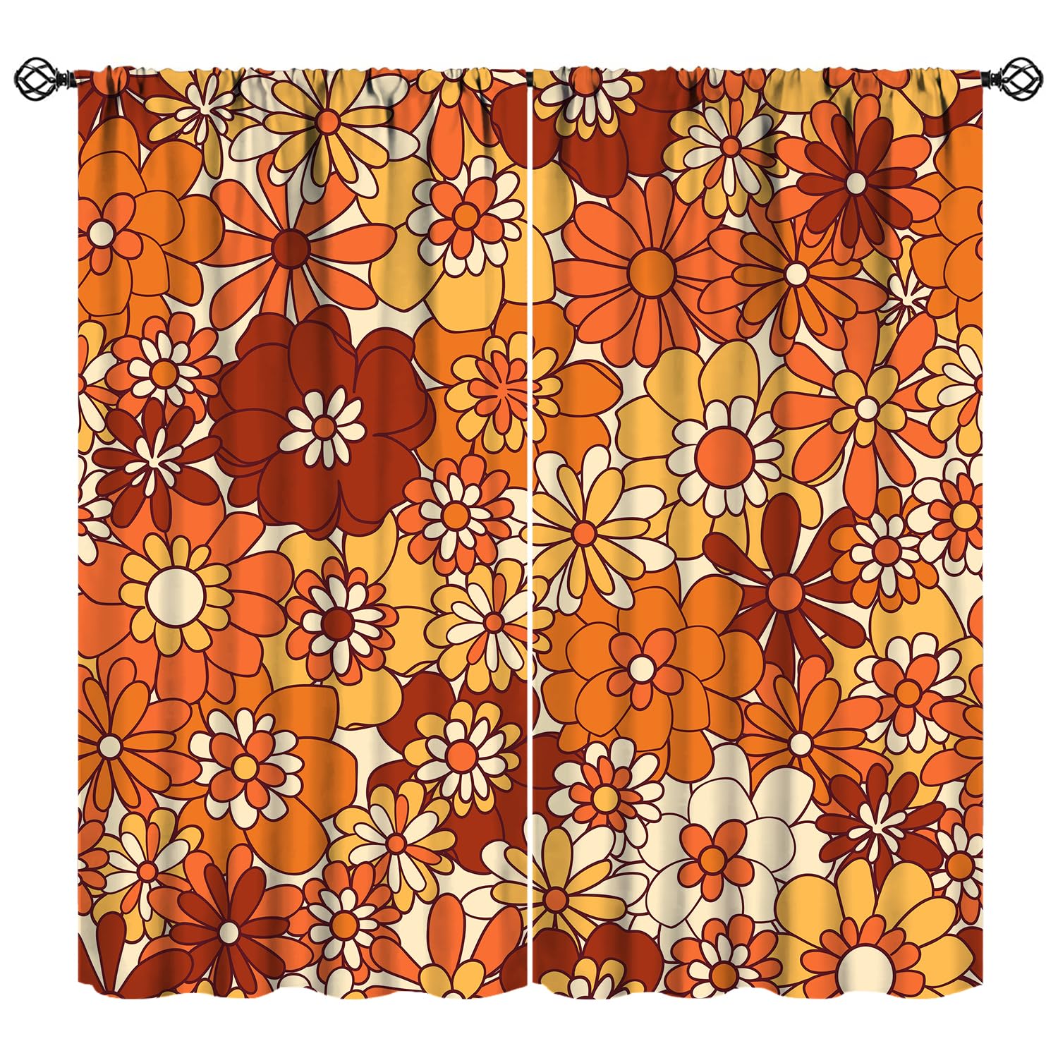 Boho Floral Vintage 70s Window Curtains, Hippie Bright Orange Flowers Groovy Blackout Drapes for Kids,Abstract Funny Art Print for Boys Girls Room
