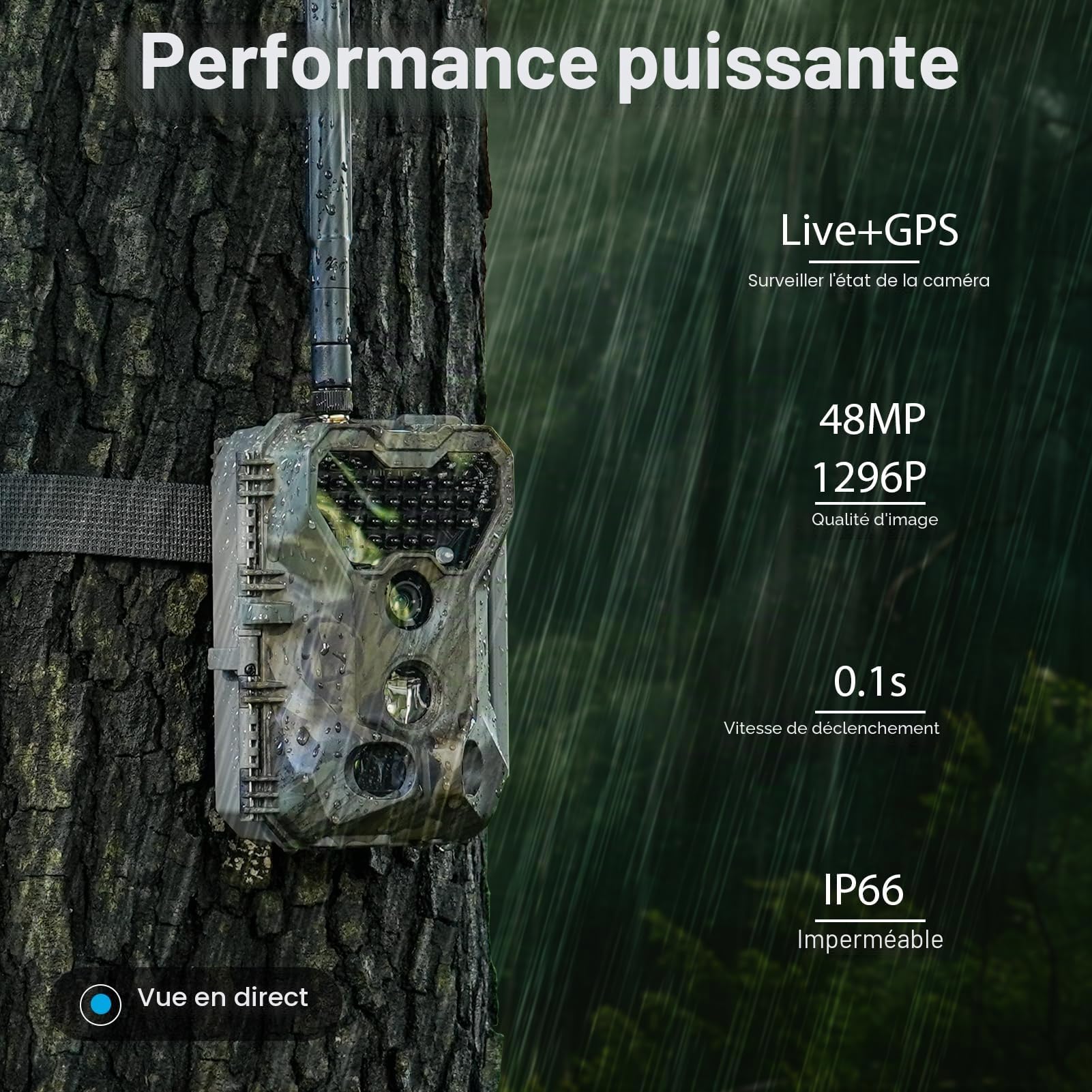 Meidase S970 4G LTE Caméra de Chasse, 48MP 1296P, avec Fonction de Streaming en Direct, Vision Nocturne, Activation par Mouvement 0.1s, Étanche, Transfert d Application, GPS Localisation