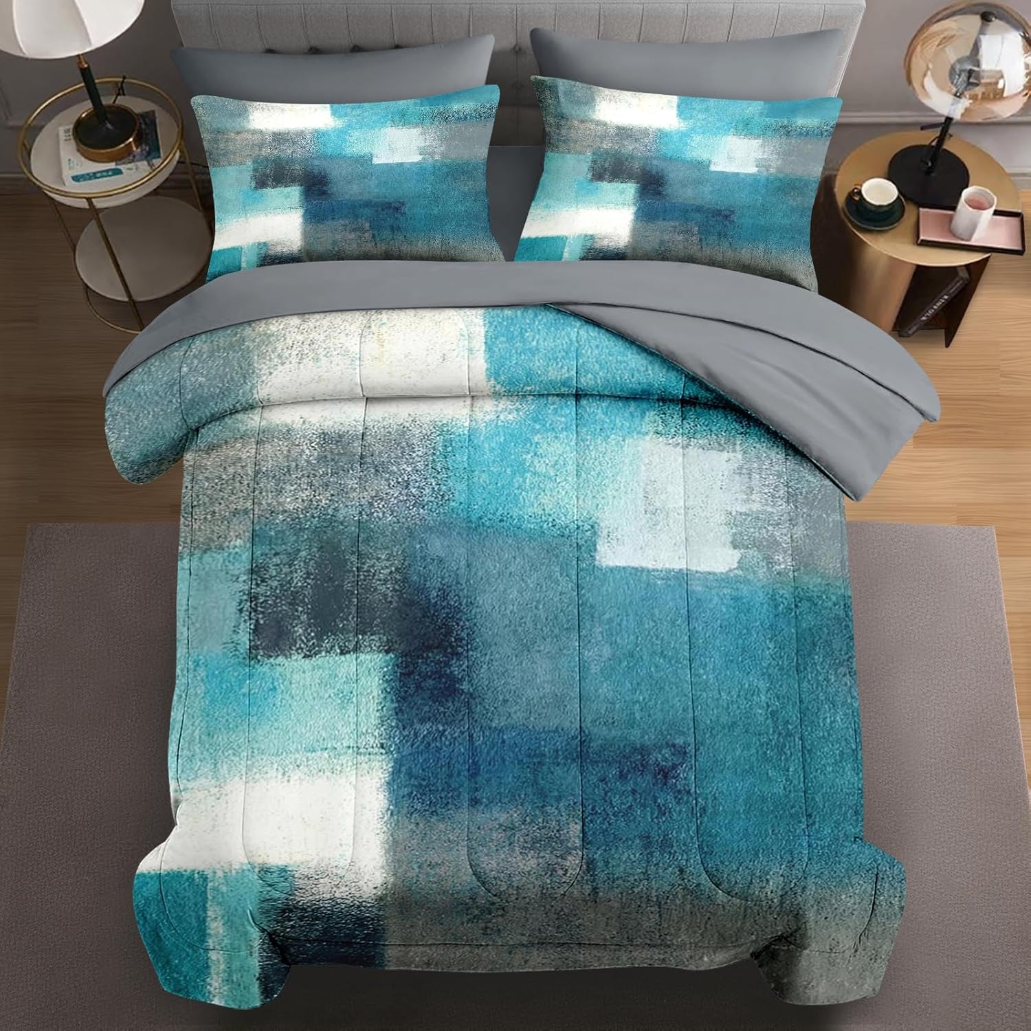 7 Pcs Full Size Comforter Set with 2 Pillowcases & 2 Shams, Turquoise Grey Painting Bedding for Kids and Adults, Teal Contemporary Gray Bed in a Bag with Flat Fitted Sheet