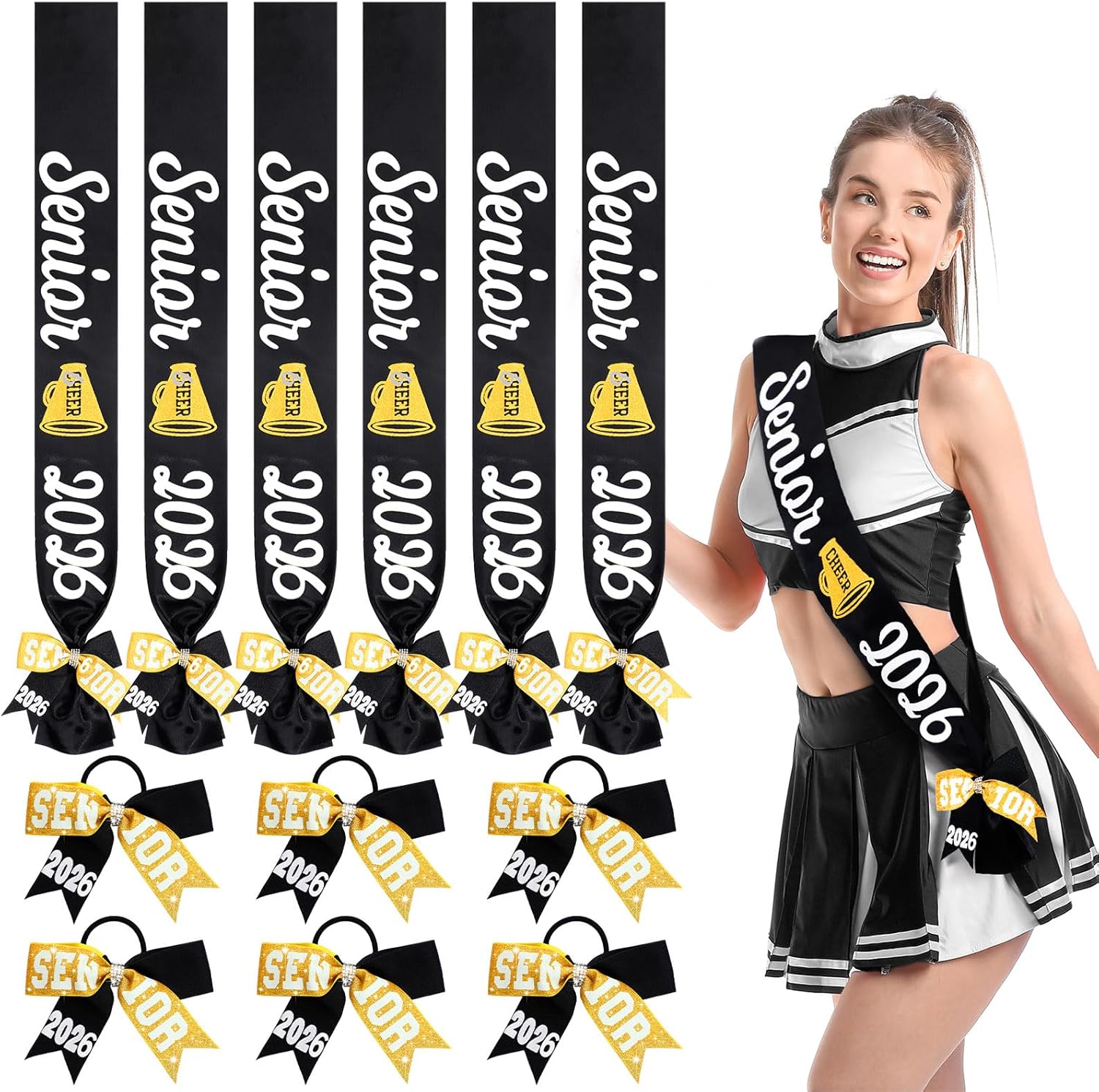 6 Set Senior Sash 2026 Sport Satin Sash Glitter Cheer Hair Bow Senior Night Decor Cheerleader Gift Girl(Black)