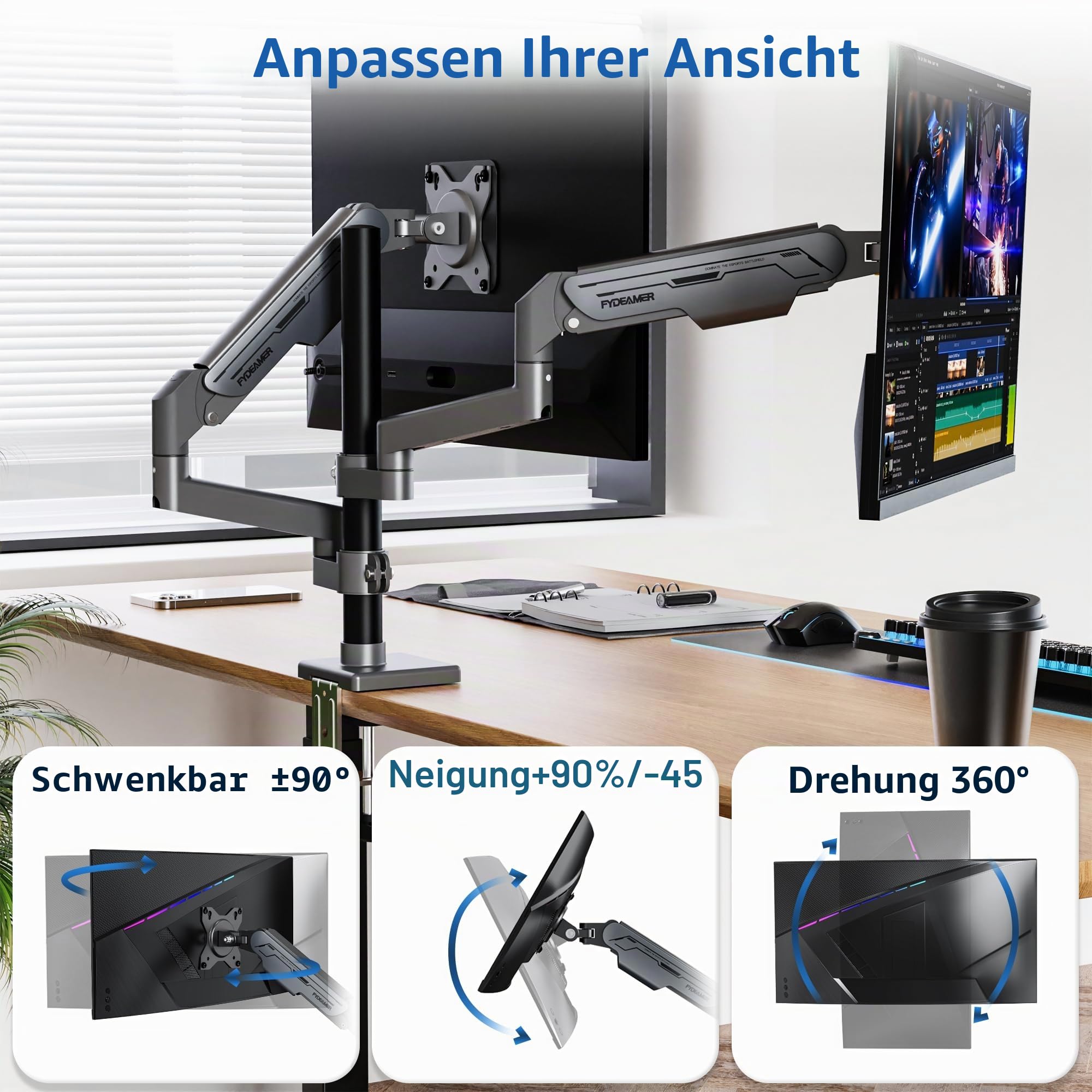 Fydeamer Dual Monitor Halterung, Monitor Arm mit Gasdruckfeder Höhenverstellbar Neigbar Schwenkbar, Bildschirmhalterung für 17-32 Zoll bis 9 kg, Verstellbarer VESA-Ständer 75/100 mm, Schwarz | Strapazierfähige vertikale Doppelhalterung, voll verstellbarer
