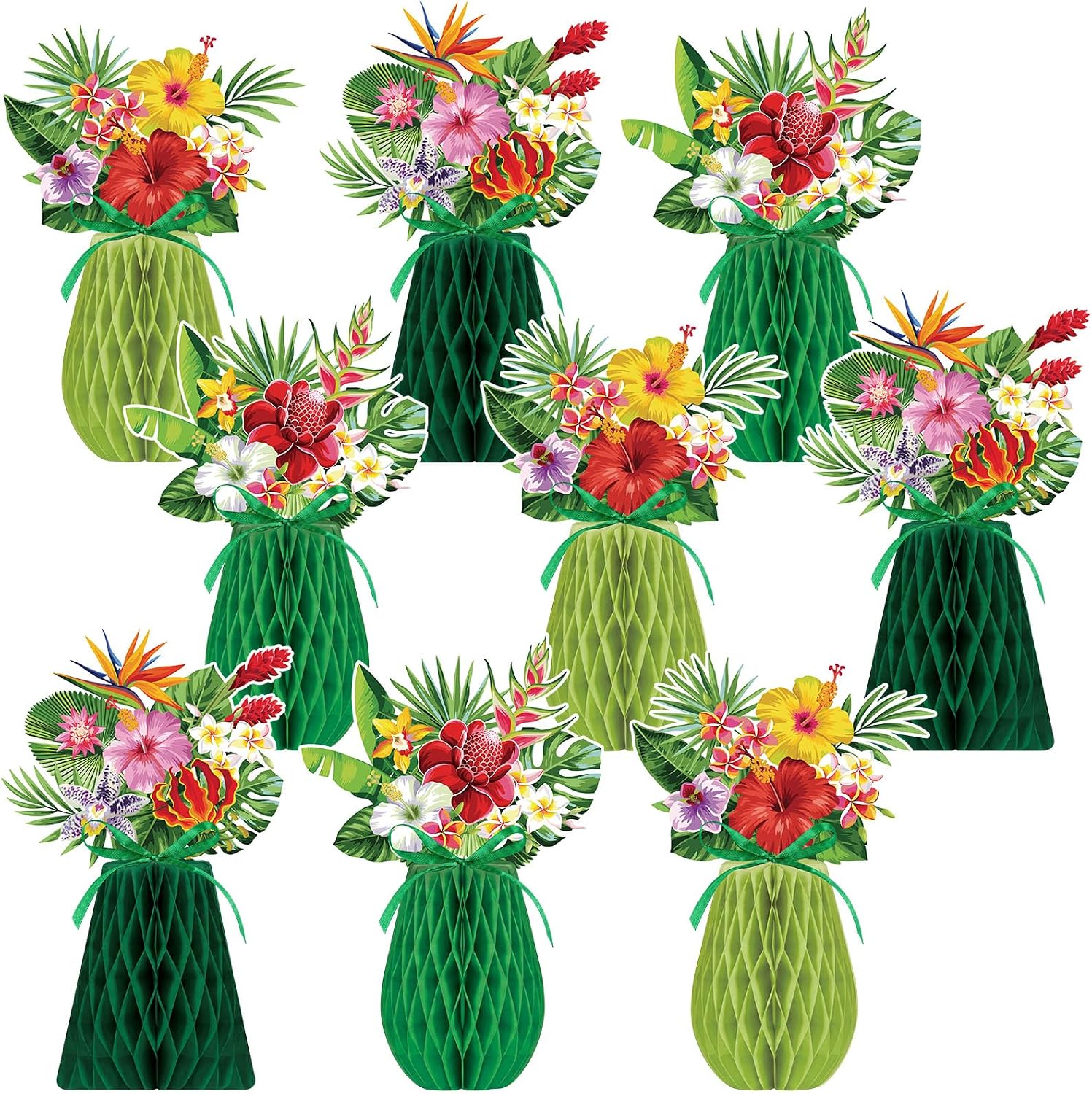Kathfly 9 Pcs Hawaiian Luau Party Decorations Summer Tropical Honeycomb Centerpieces Hibiscus Flowers Palm Leaves Paper Vase Table Centerpiece for Hawaii Luau Aloha Tiki Tropical Beach Party Decor
