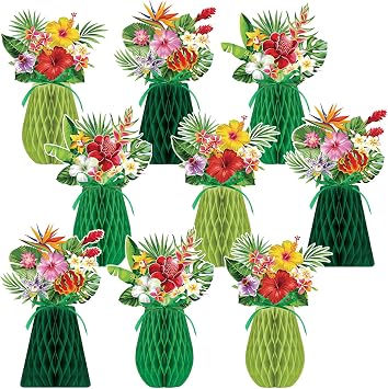 Kathfly 9 Pcs Hawaiian Luau Party Decorations Summer Tropical Honeycomb Centerpieces Hibiscus Flowers Palm Leaves Paper Vase Table Centerpiece for Hawaii Luau Aloha Tiki Tropical Beach Party Decor