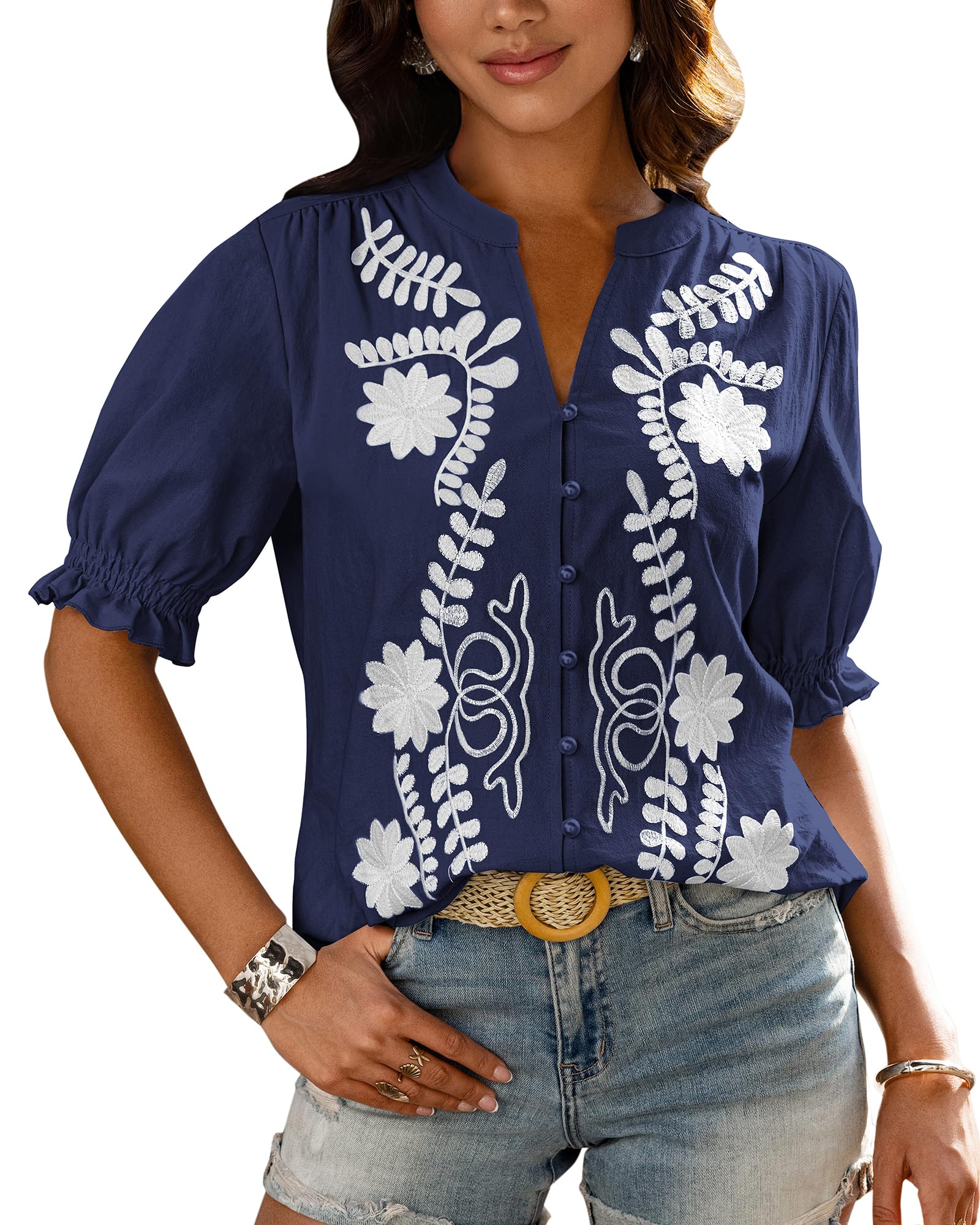 BTFBM Women's 2026 Spring Tops Casual Floral Boho V Neck Puff Short Sleeve Button Down Shirts Embroidered Blouses Tunic