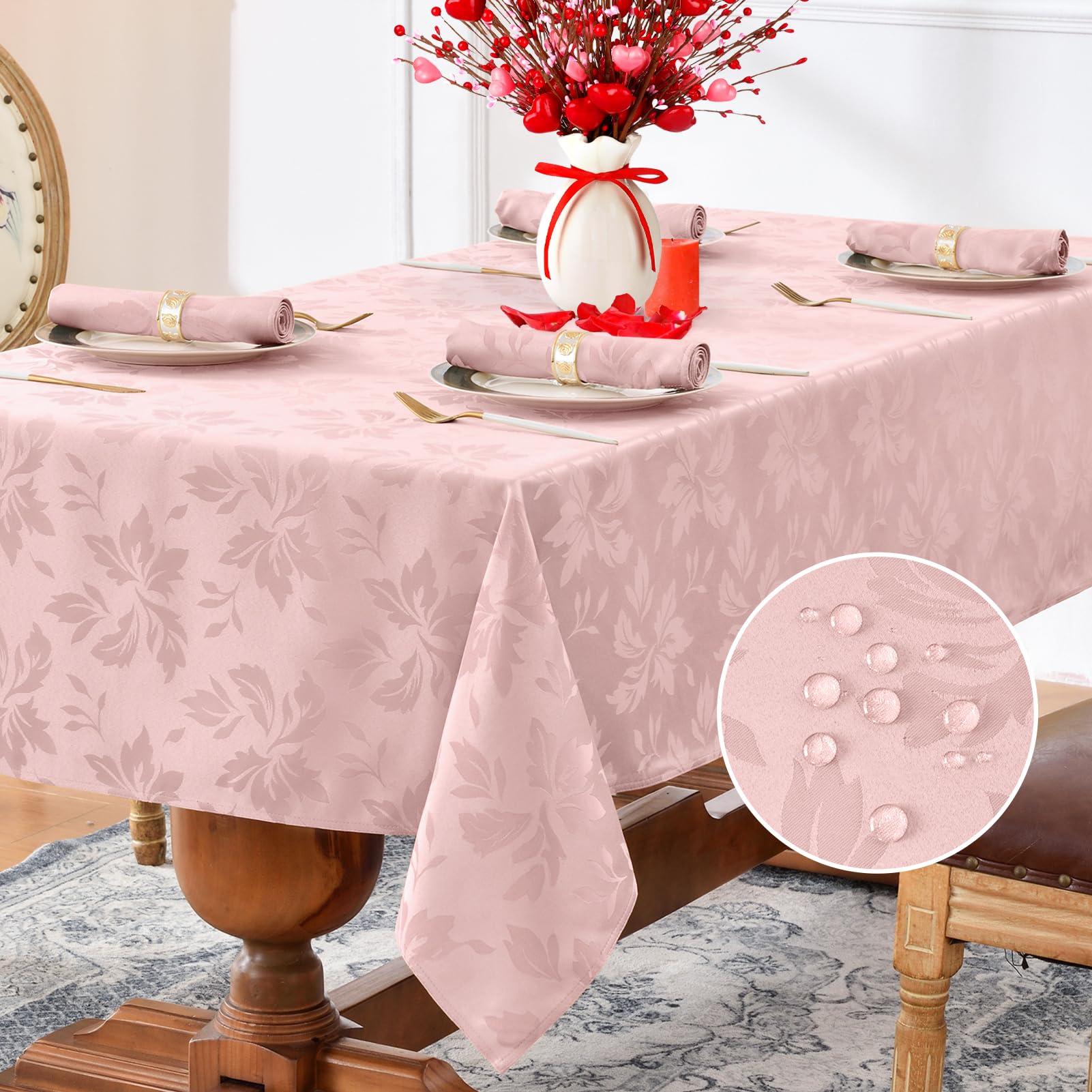 Photo 1 of Romanstile Jacquard Rectangle Tablecloth - Waterproof Damask Floral Pattern Decorative Table Cloths Heavy Weight Fabric Table Covers for Dinner/Parties/Outdoor - 52 x 70 Inch, Pink