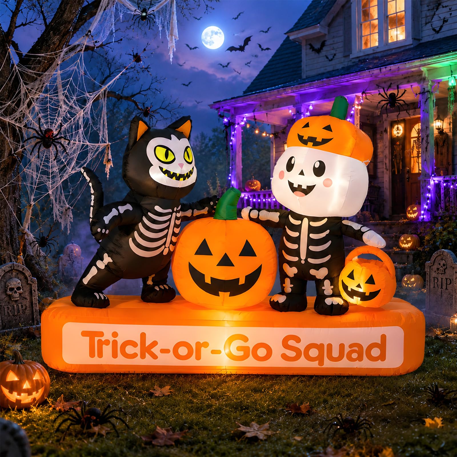 7FT Halloween Inflatables Trick-or-Treat Squad with Skeleton, Cat & Pumpkin | Lighted Pumpkin Fun Blow Ups Outdoor Decoration Yard Decor for Lawn, Garden, Porch, Patio, Halloween Party, Fall Festivals