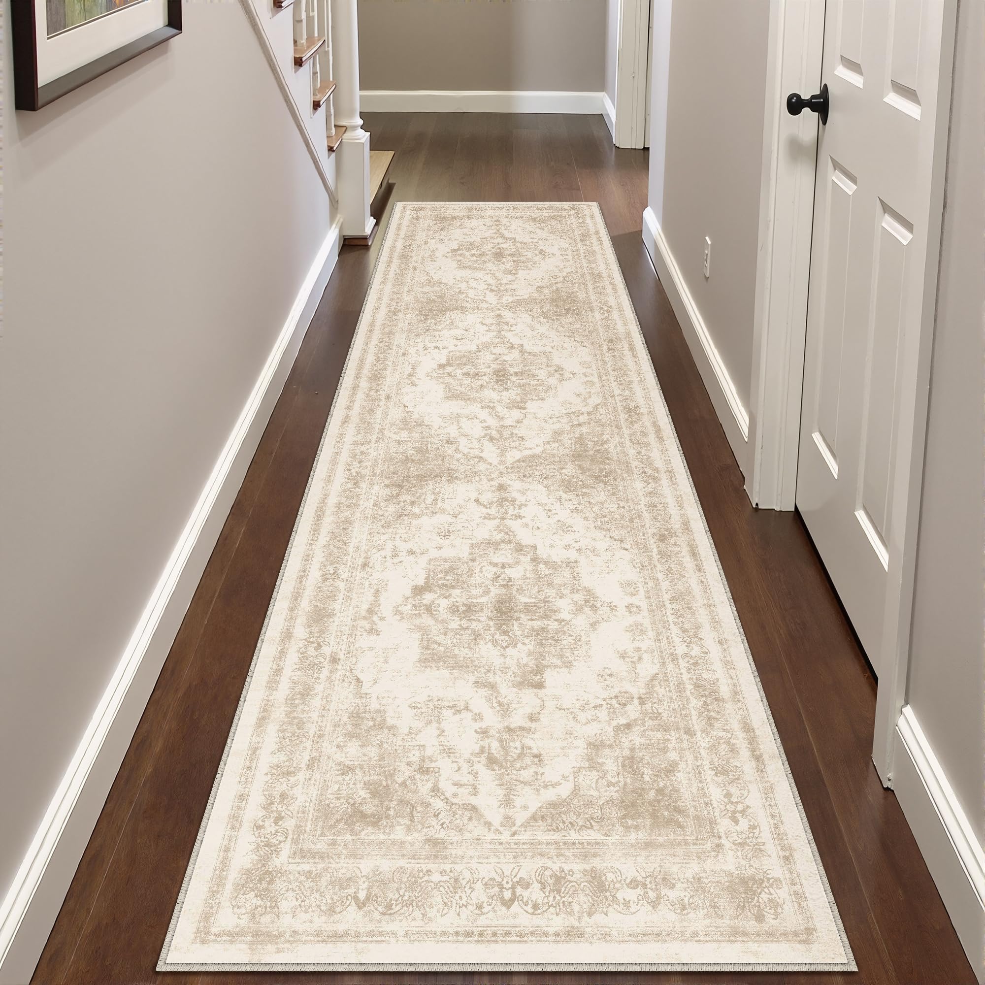 HUGEAR Vintage Cream Hallway Runner Washable Non Slip Rugs Long Area Rug 60x240cm Bedroom Kitchen Lounge Bedside Office Indoor Carpets Low Pile Carpet Runners โ image 1