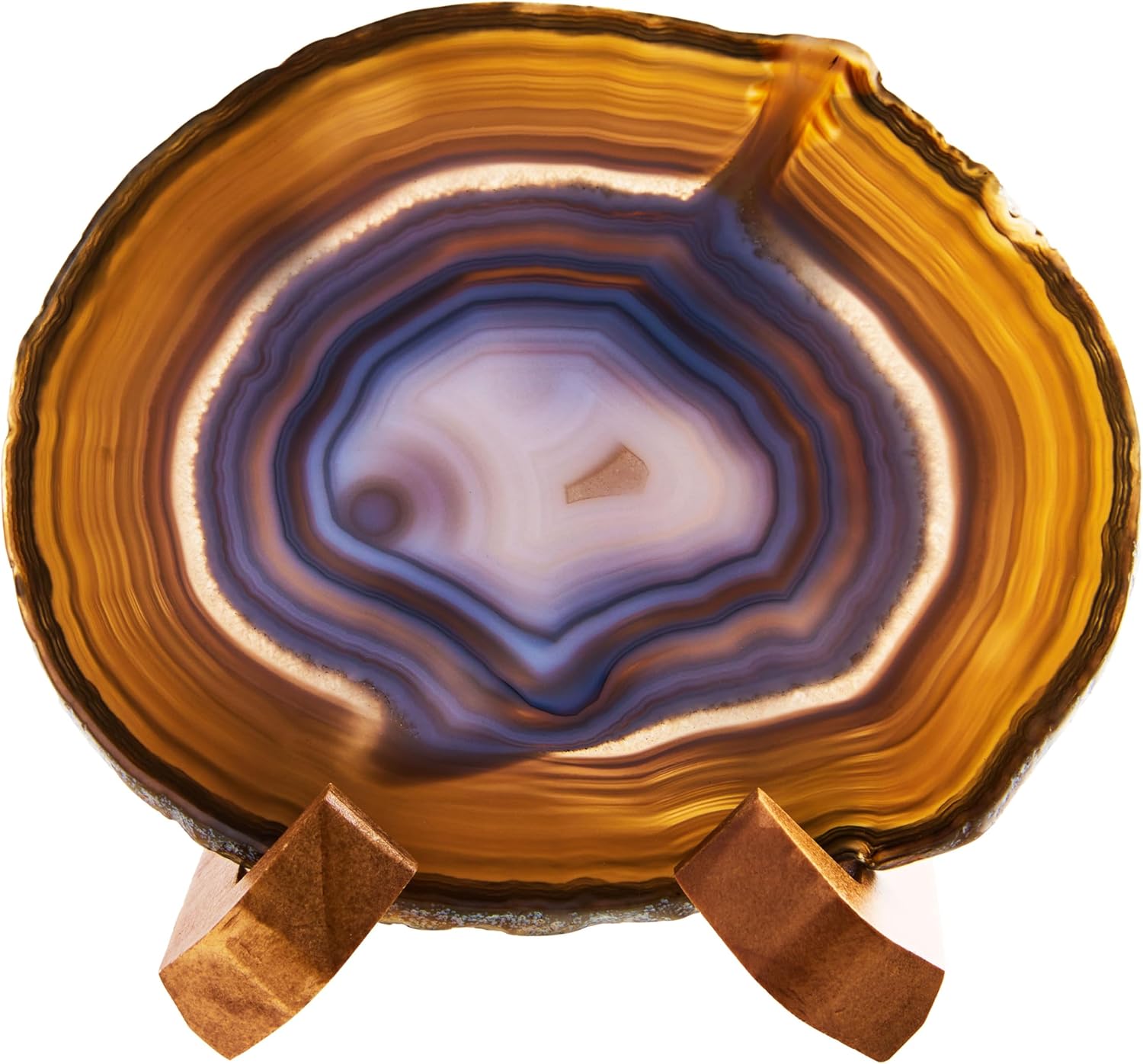 Luxury Lane Large Natural Brazilian Agate Slice Geode Rock Stone Drink Coaster with Wood Holder 4.7-5.5 inch Centerpiece Table Decoration, Oak Brown