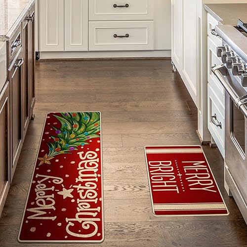 Miniatura 5 de Juego de 2 tapetes de cocina con texto en inglés "Merry Christmas", antideslizantes, lavables, estilo granja, decoración para el hogar, cocina,