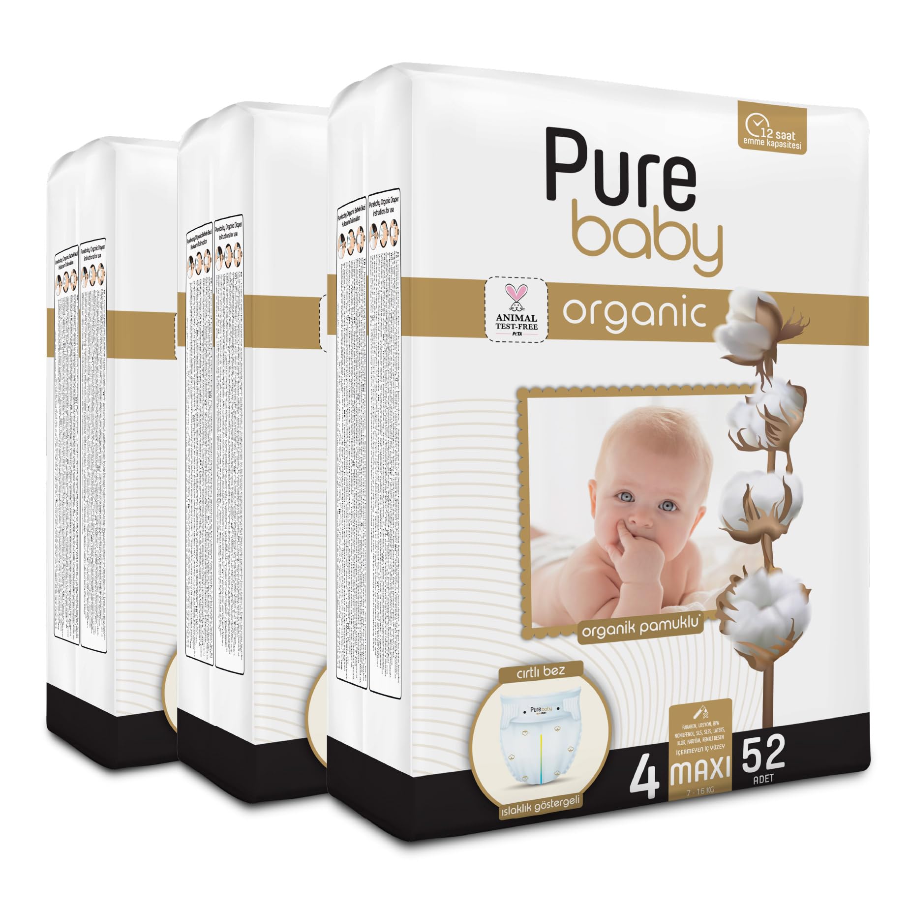 Pure Baby Organik Pamuklu Cırtlı Bez 3'Lü Paket 4 Numara Maxi…