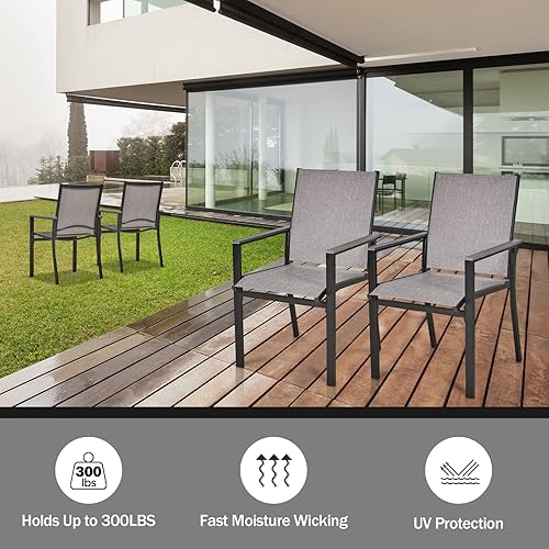 Miniatura 5 de MEOOEM Juego de 4 sillas de comedor para patio al aire libre, muebles de patio de textilene con reposabrazos y marco de metal negro para patio