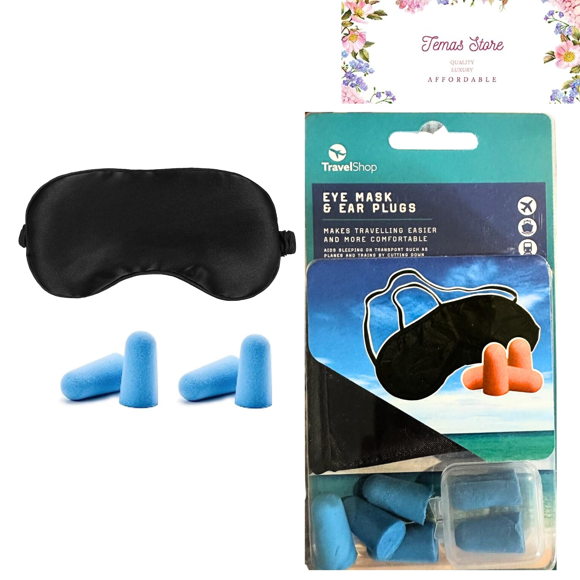 Temas Store Travelshop Sleeping Eye Mask and Ear Plugs Set | Ideal for Travelling on Planes, Ship, Trains and Coaches for Men, Women and Kids