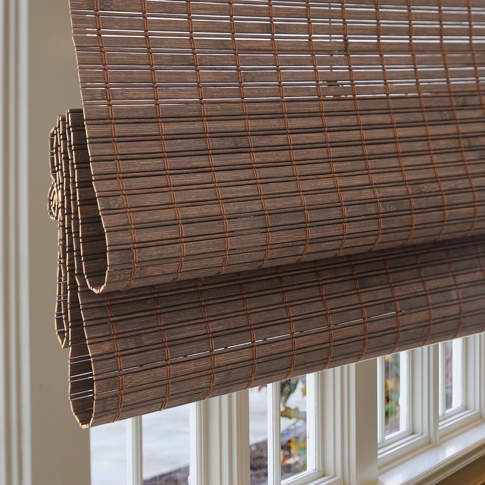 Sunbox Cordless Bamboo Roman Shade Blind, Woven Wood Roman Shades, Light Filtering Natural Bamboo Shades for Windows, French Doors, 34" W x 48" H, Sarasota-Cocoa