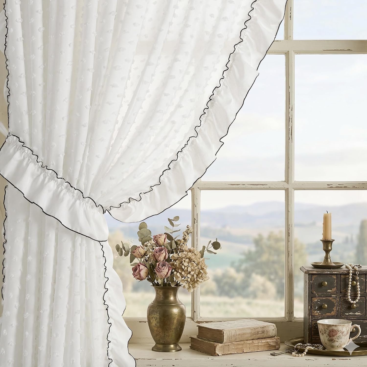 StangH Coquette Aesthetic White Ruffle Curtains 84 Inches Long, Romantic 3D Pom Pom Drapes for Girls Bedroom, Dreamy Fairycore Window Treatments for Princess Room, W52 x L84, 2 Panels