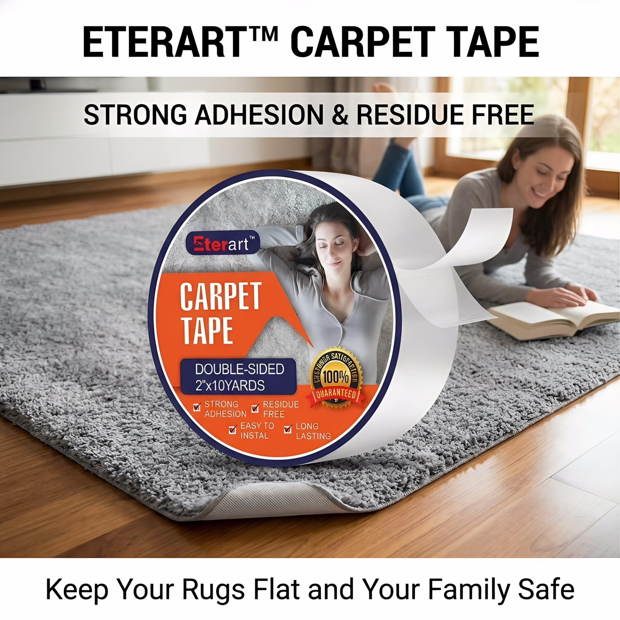 Eterart Double Sided Carpet Tape Heavy Duty for Area Rugs,Tile Hardwood Floors,Over Carpet,Rug Tape High Adhesive and Removable,Strong Sticky Tape,Indoor/Outdoor,Residue Free,2 Inches x 10 Yards,White - 3
