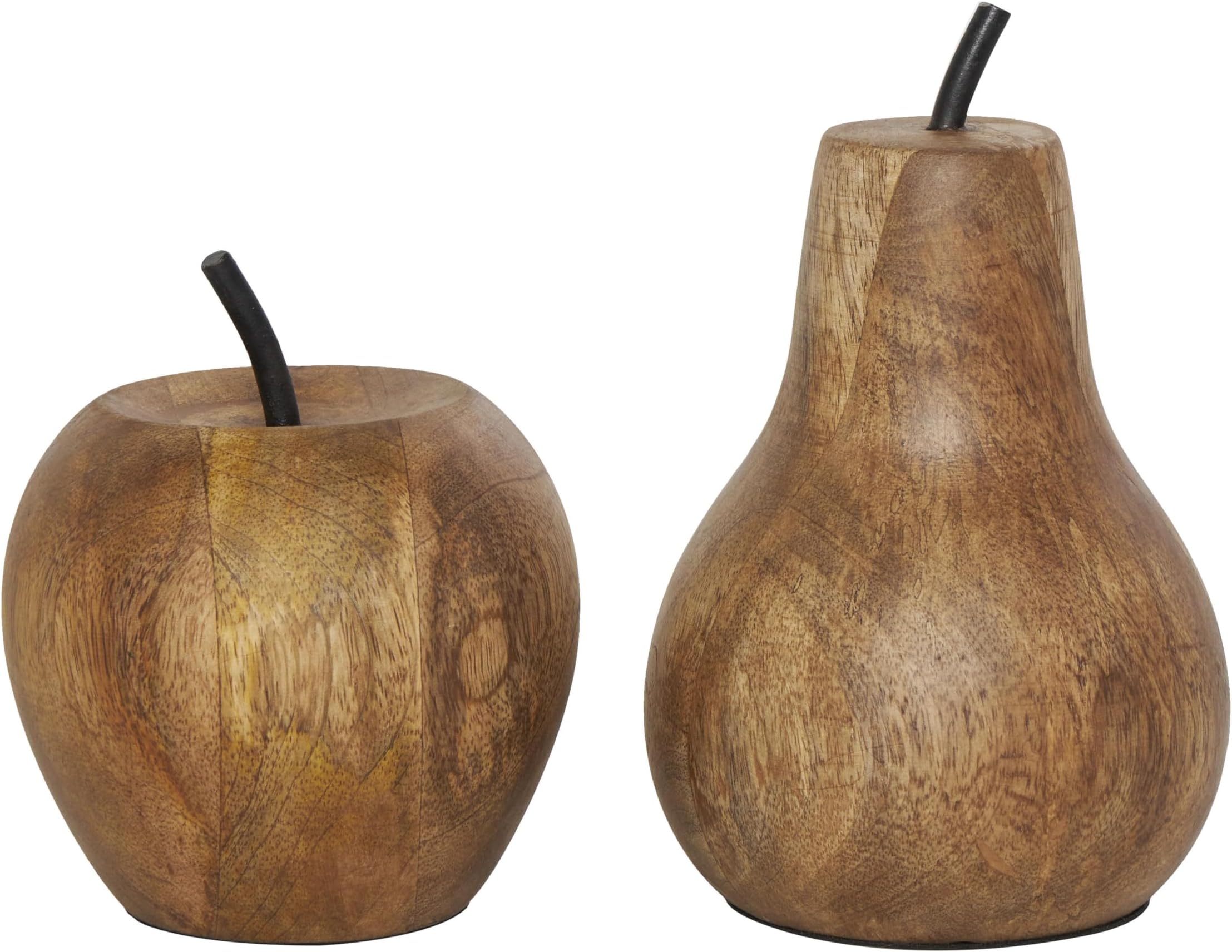 Deco 79 Mango Wood Fruit Decorative Sculpture Apple and Pear Home Decor Statues with Black Metal Stems, Set of 2 Accent Figurines 8", 6"H, Brown