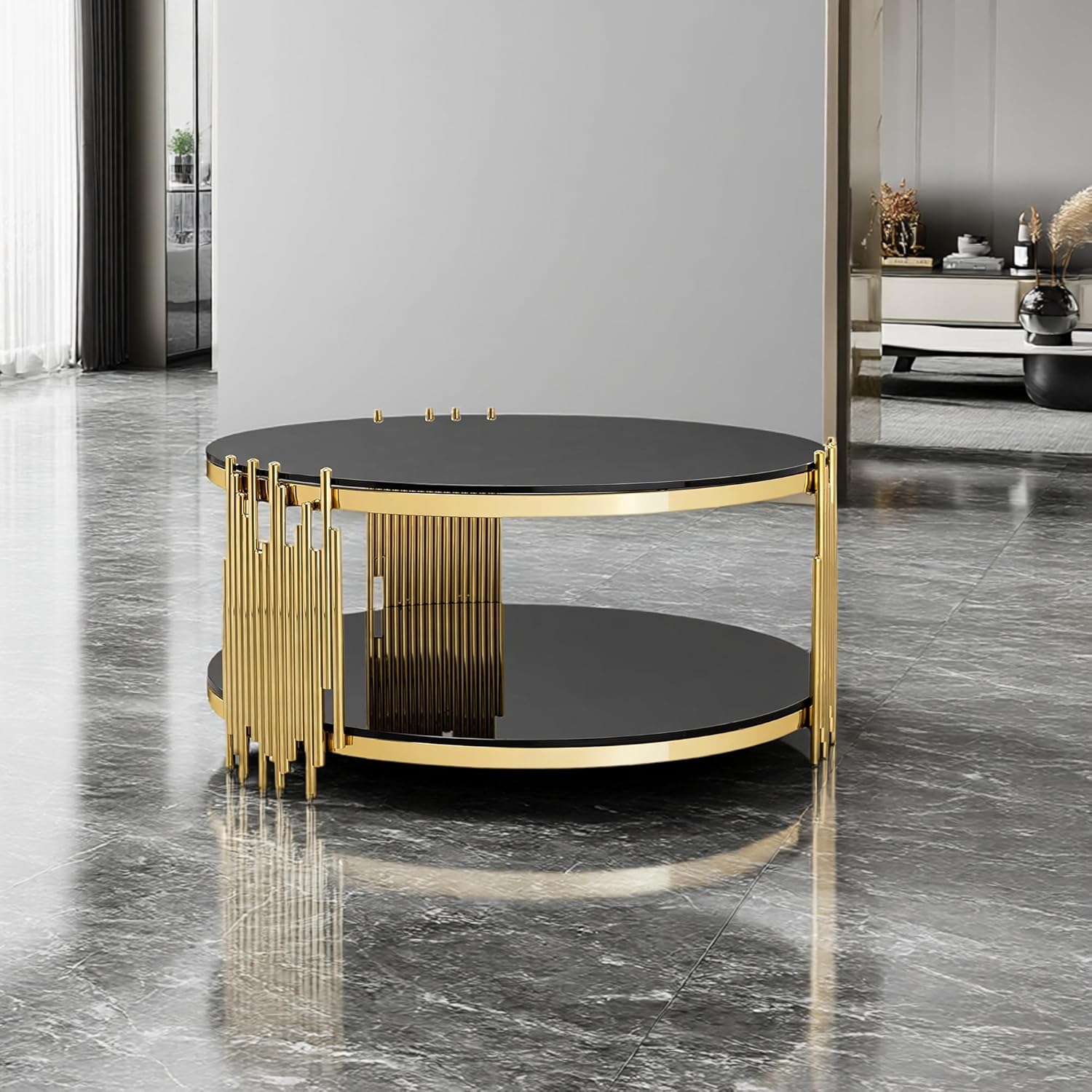 Luxury Round Coffee Table for Living Room,Gold Frame & Black Tempered Glass Top, 2-Tier Black Glass Shelves, 31.5'' Modern Stainless Steel Accent Table