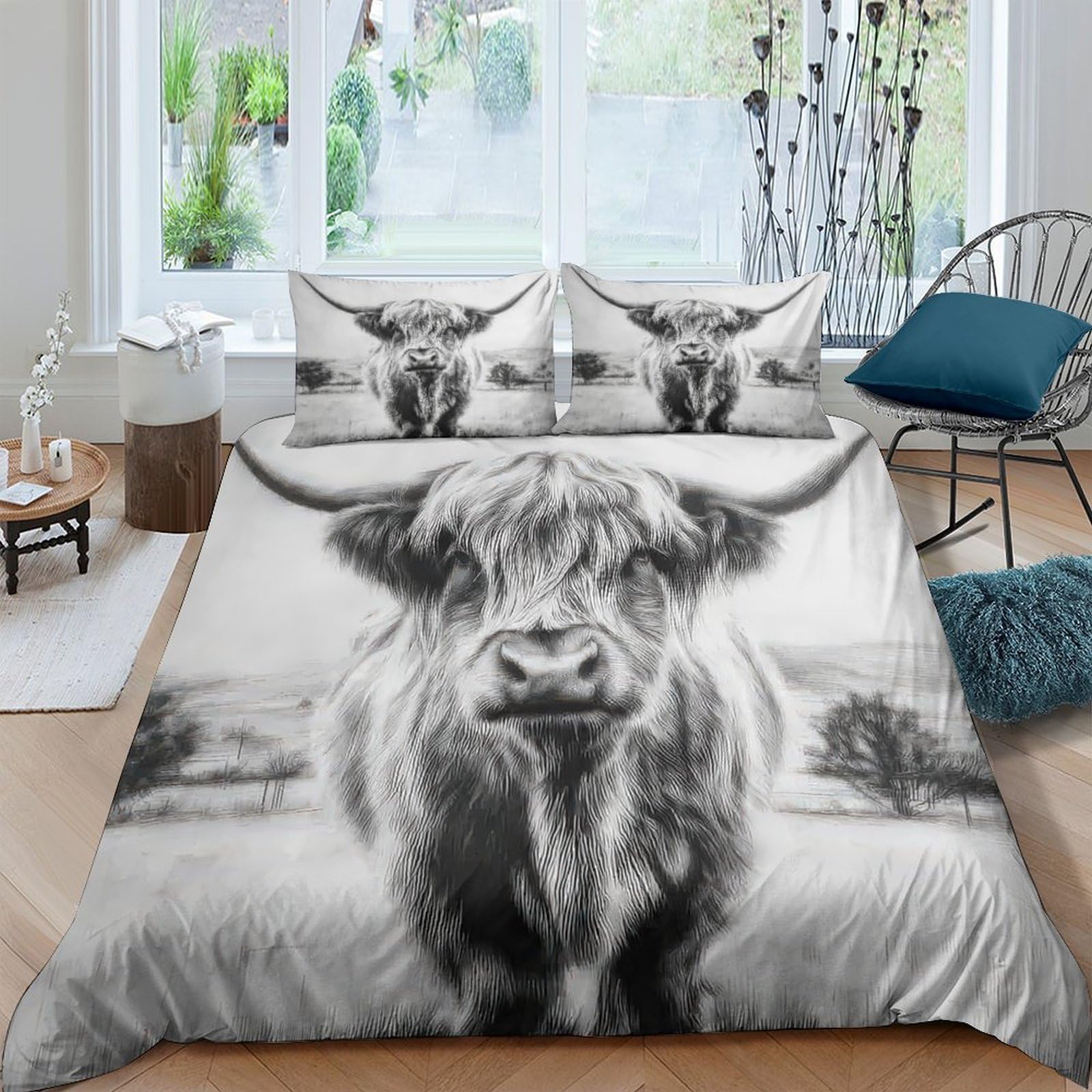 GPLZQXKJNH 3D Printed Highland Cow Duvet Cover Microfiber Soft Breathable Farm Animal Bedding Set with 2 Pillowcases for Bedroom Decor, Single（135x200cm）
